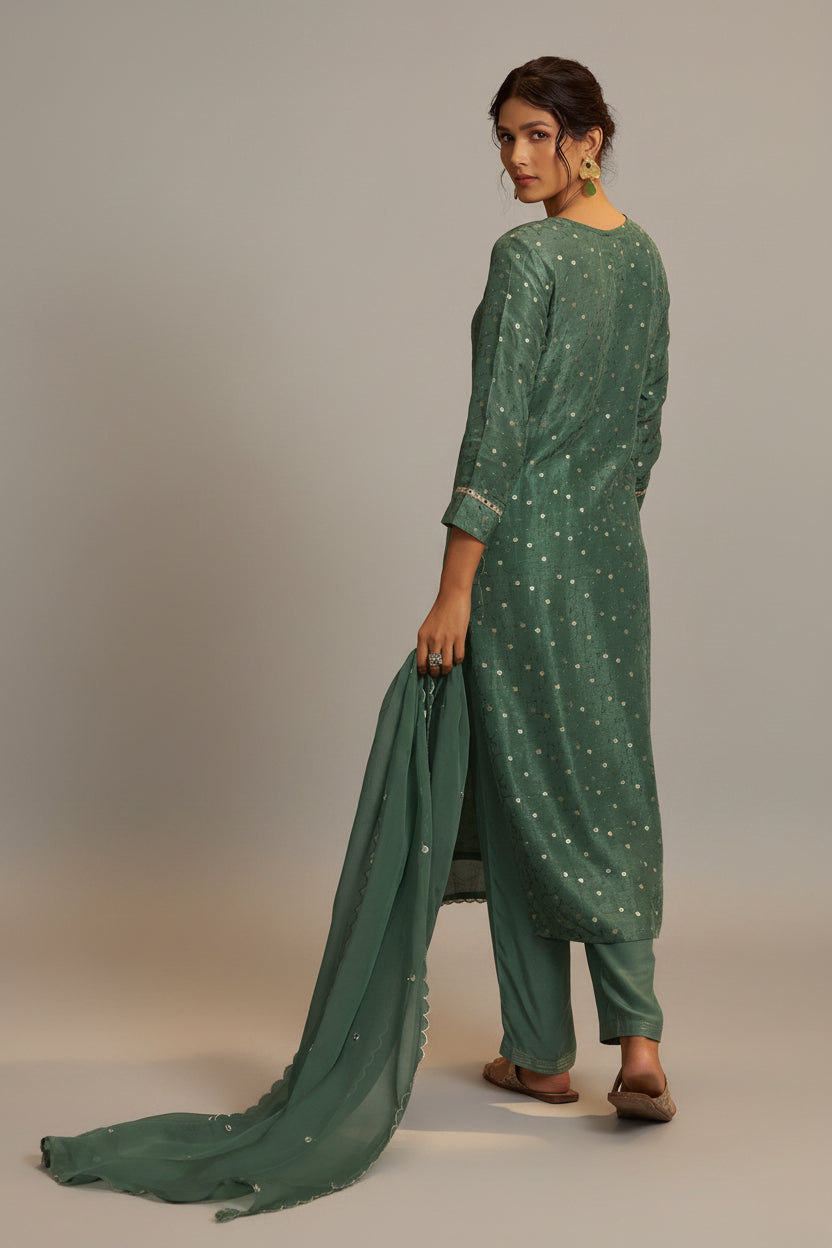 Mirror Embroidery Kurta Set – Green