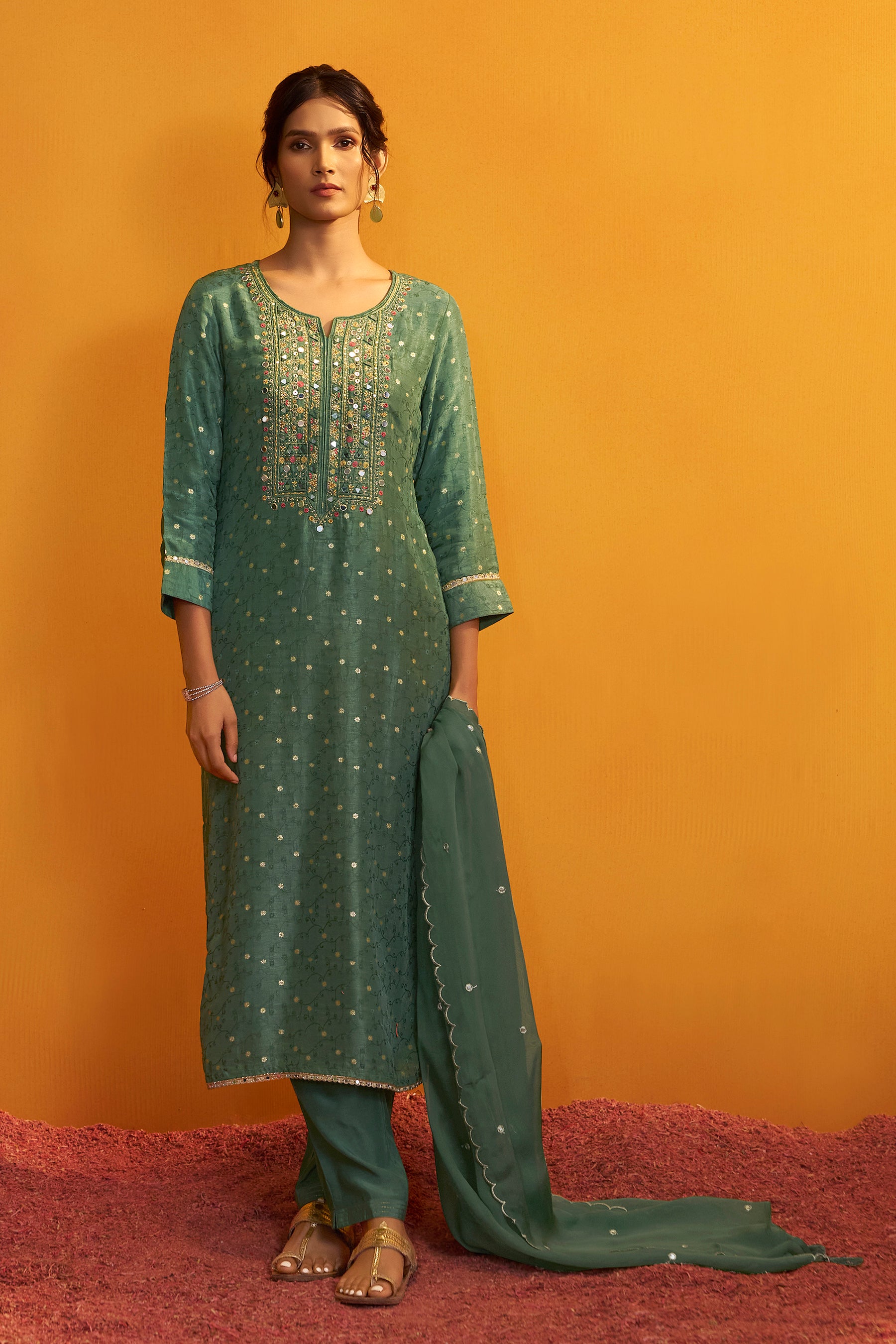 Mirror Embroidery Kurta Set – Green