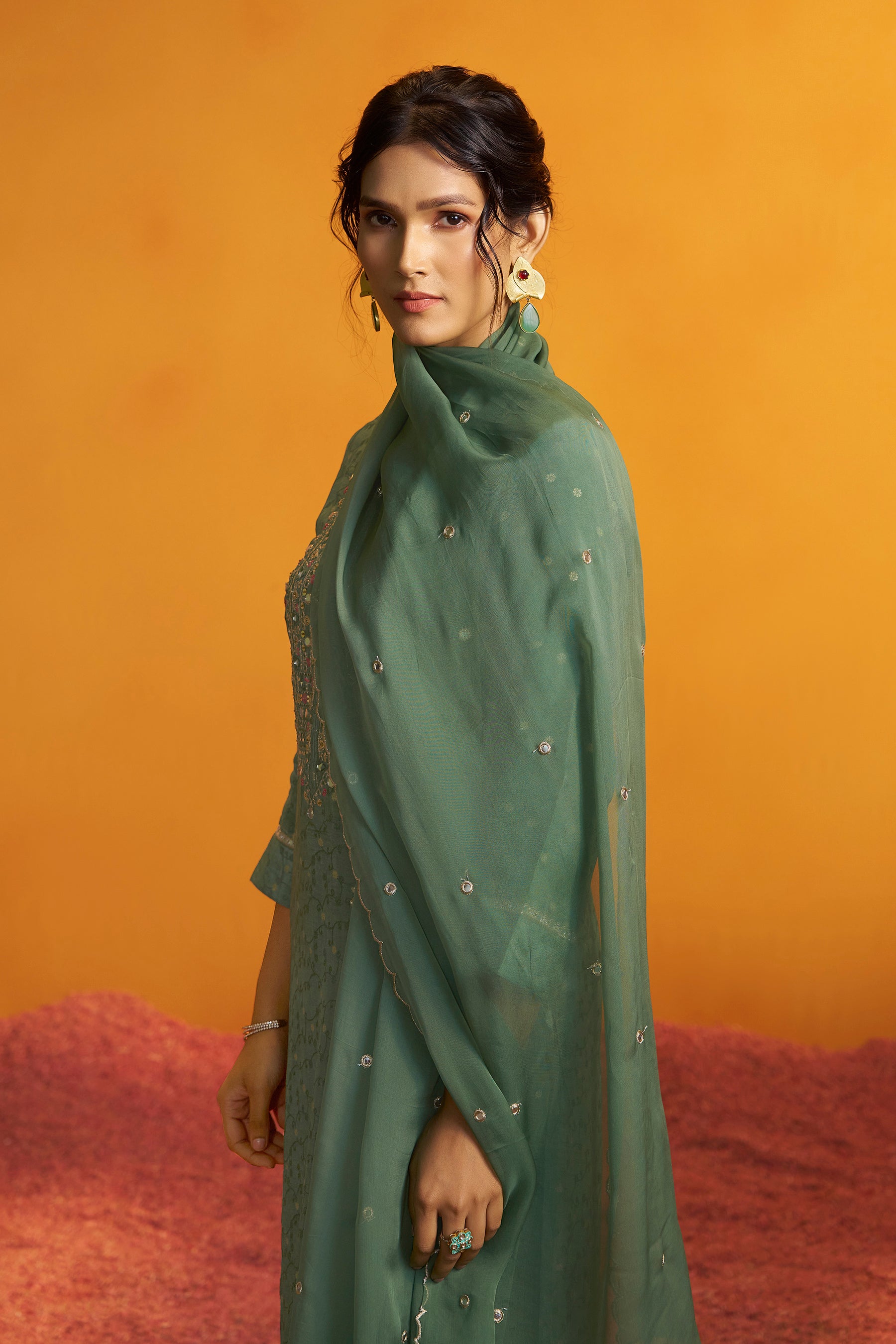 Mirror Embroidery Kurta Set – Green