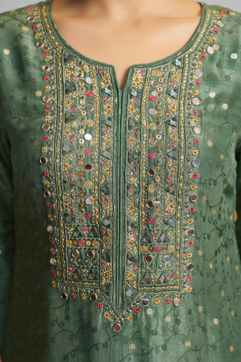 Mirror Embroidery Kurta Set β Green