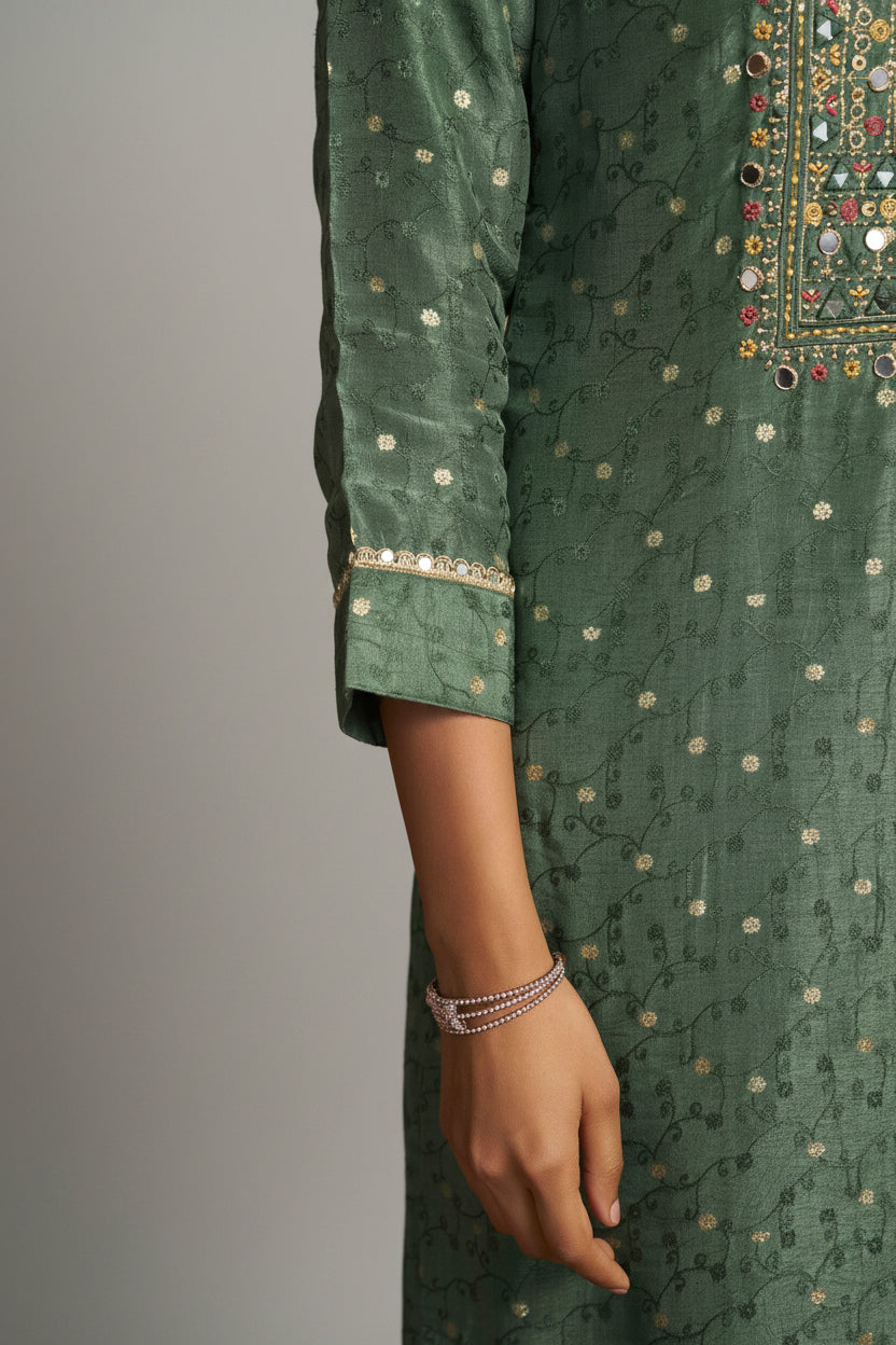 Mirror Embroidery Kurta Set – Green