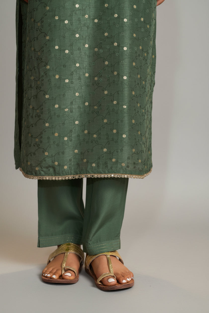 Mirror Embroidery Kurta Set – Green