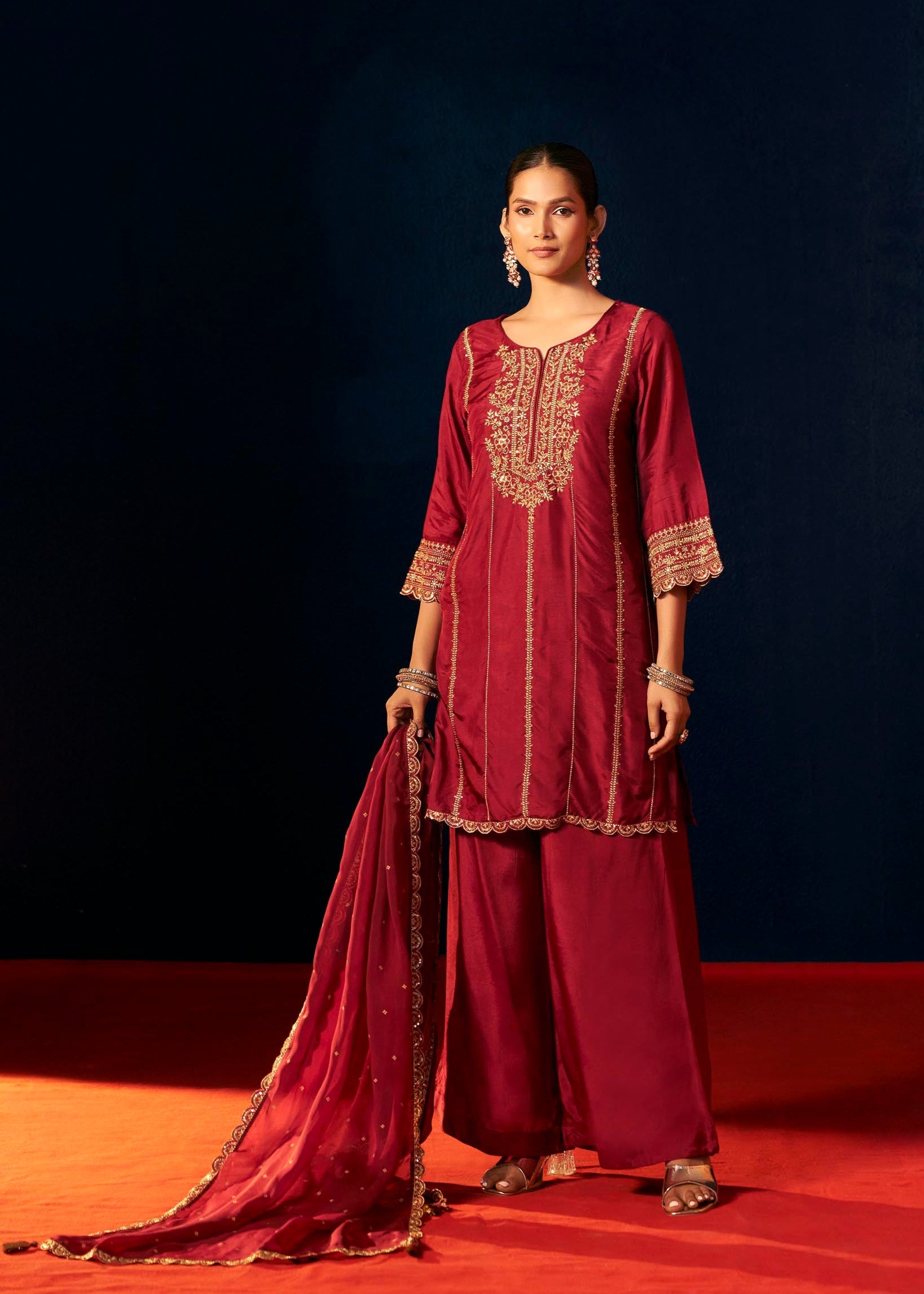 Maroon Zari Embroidered Kurta Set