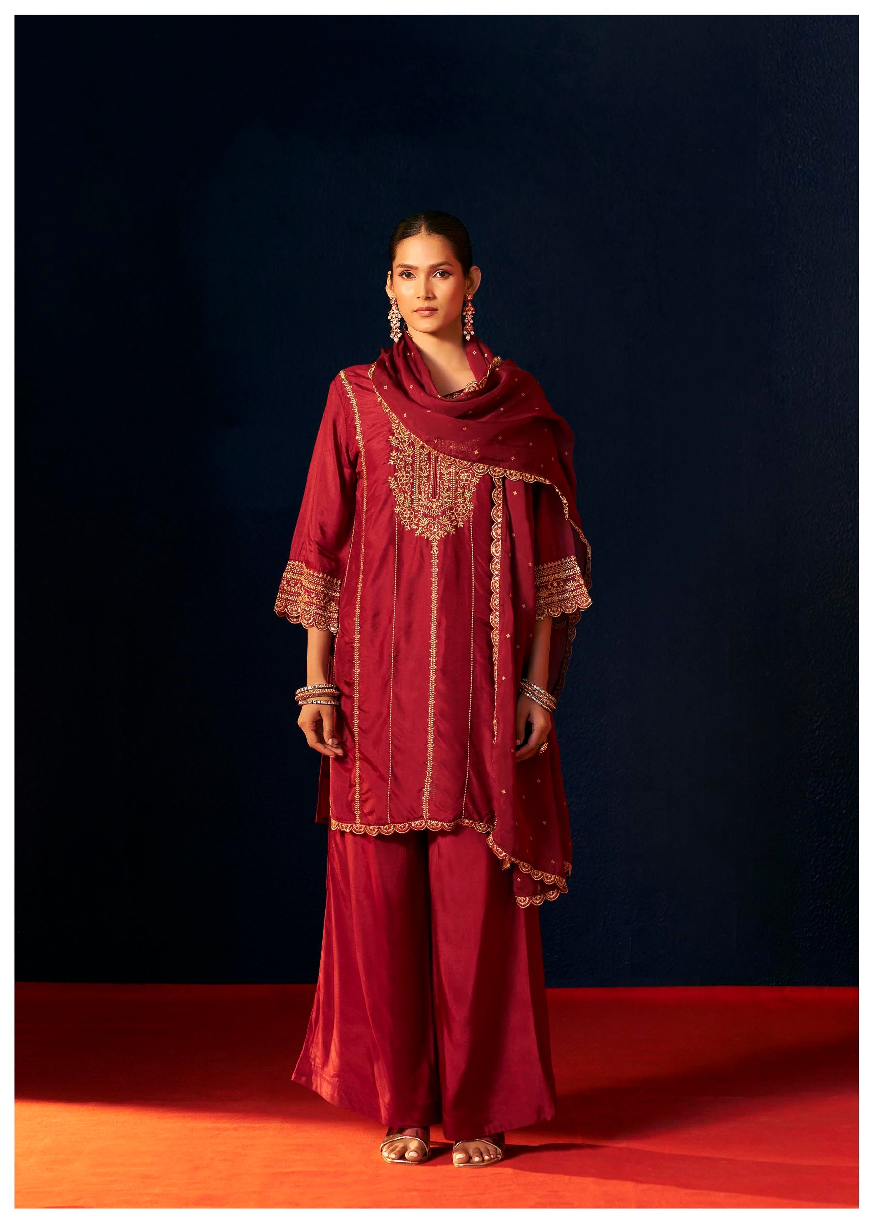 Maroon Zari Embroidered Kurta Set