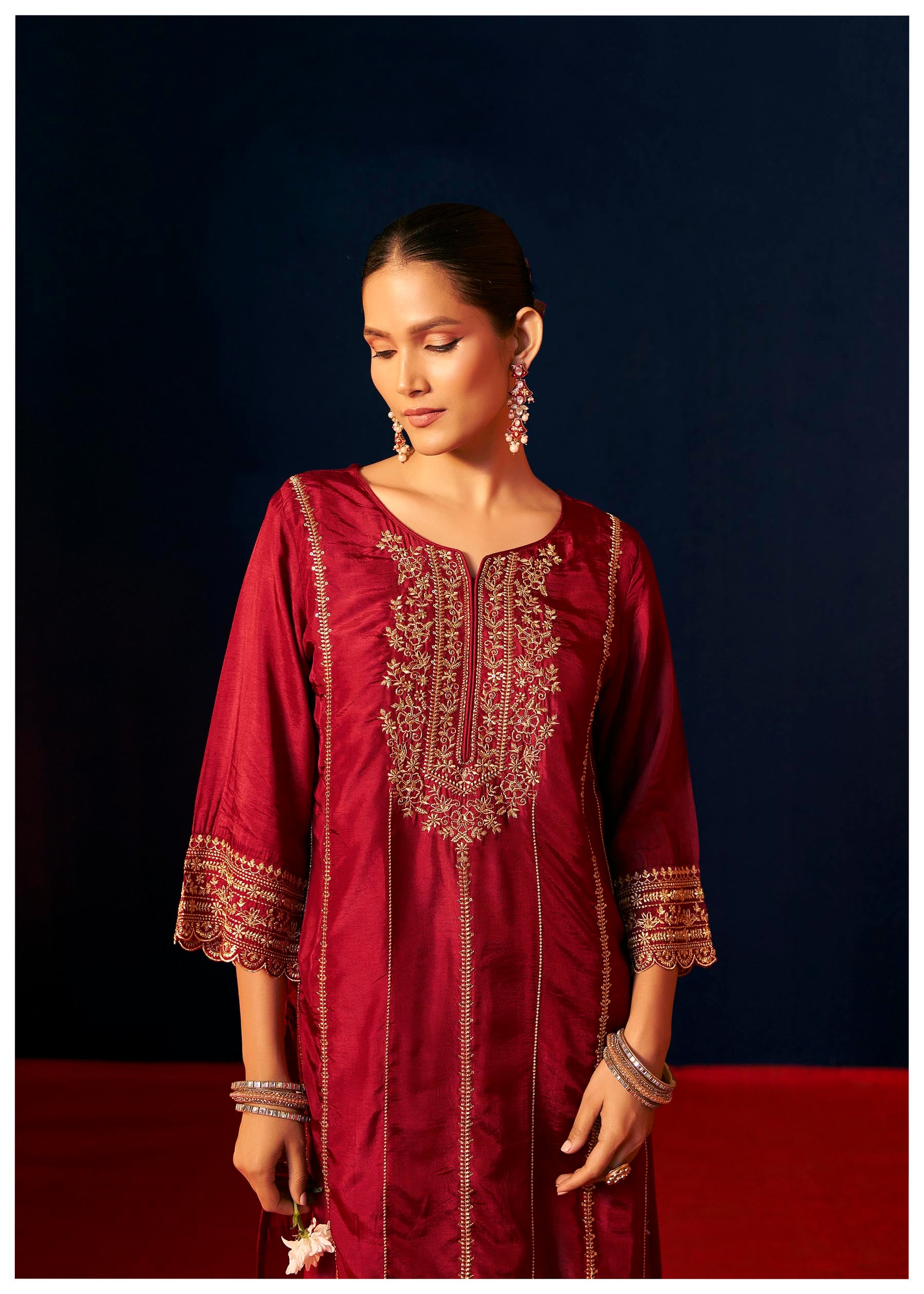 Maroon Zari Embroidered Kurta Set