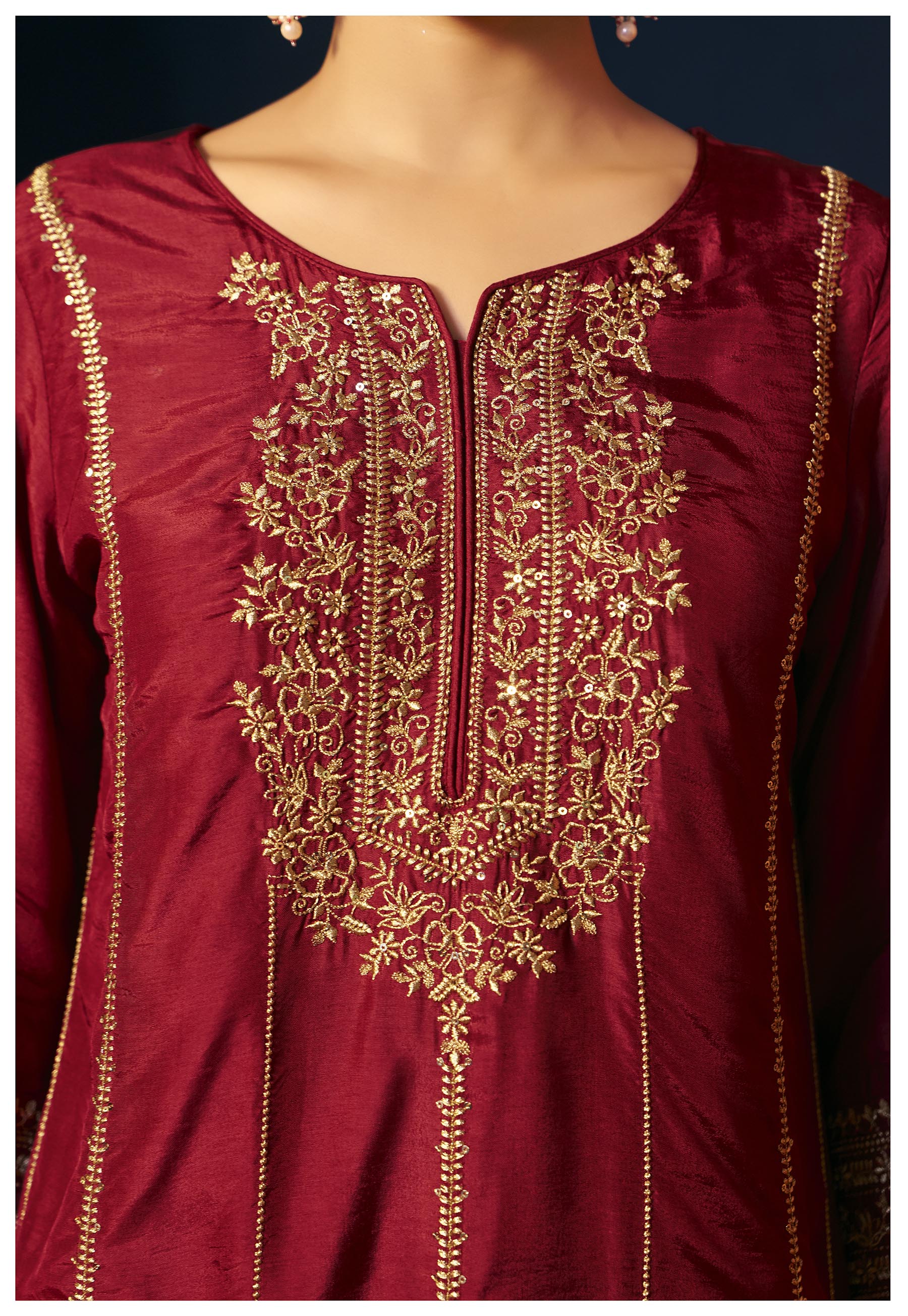 Maroon Zari Embroidered Kurta Set