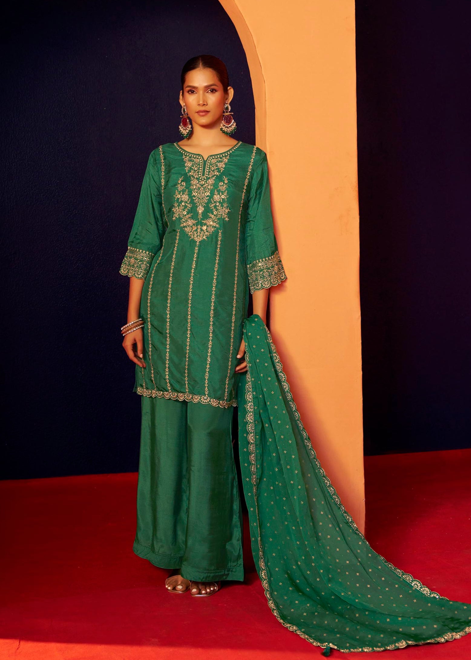 Fynora Green Embroidered Kurta Set
