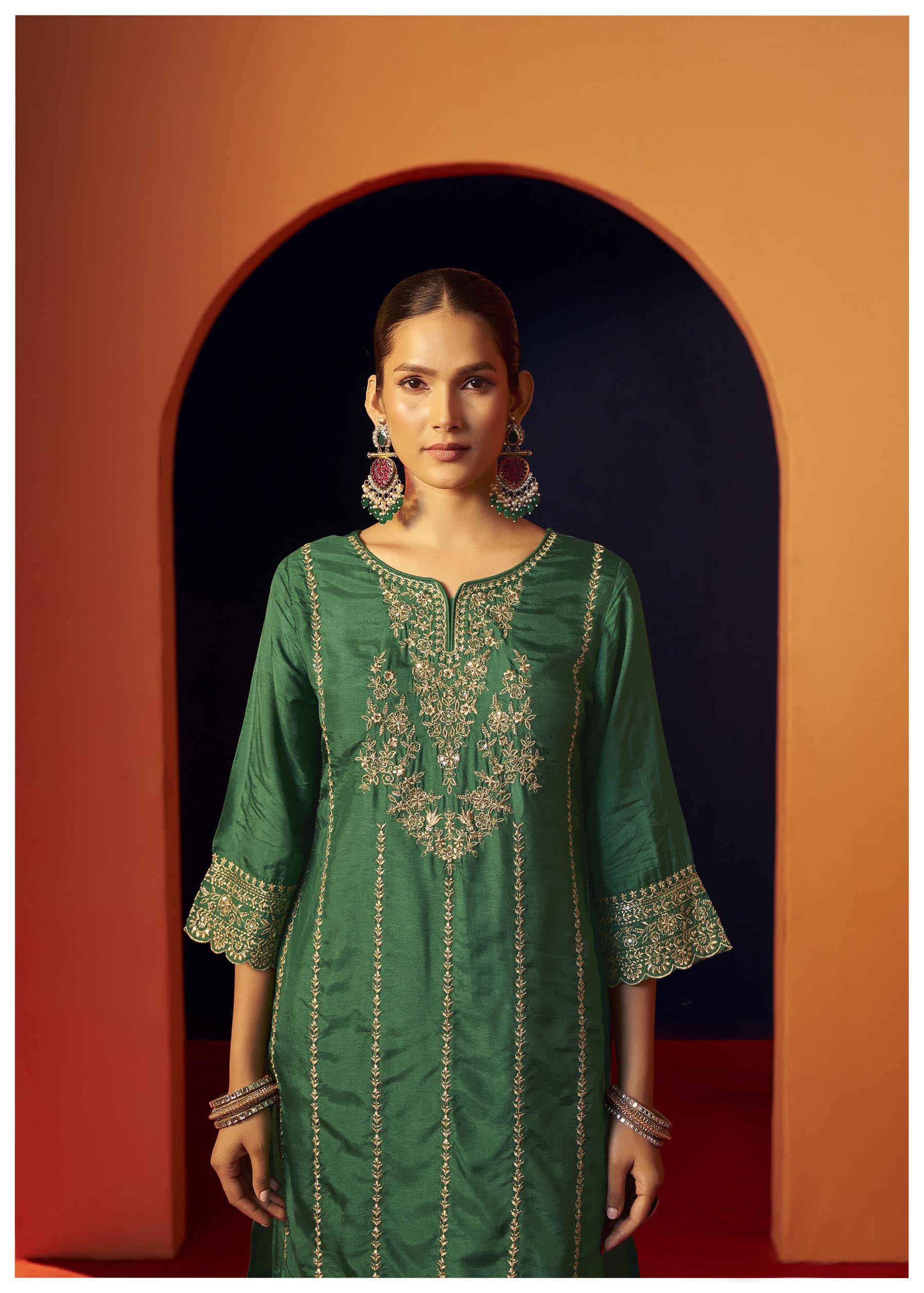 Fynora Green Embroidered Kurta Set