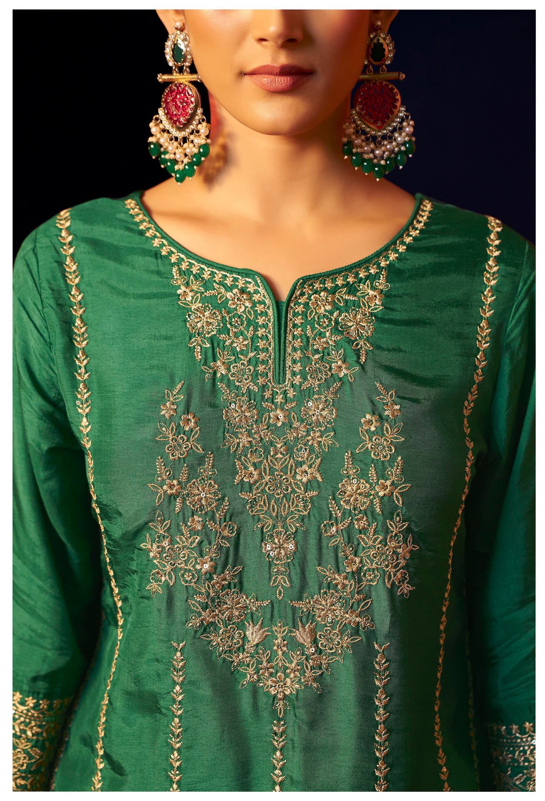 Fynora Green Embroidered Kurta Set