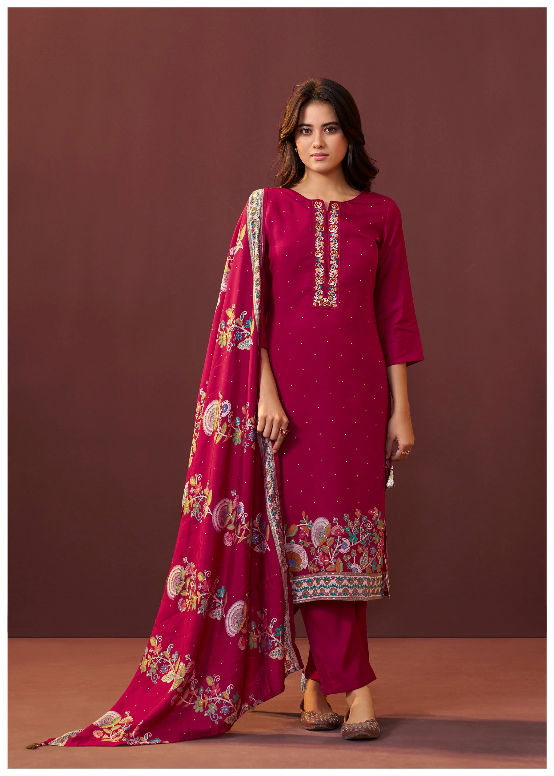 Gulnaar Maroon Embroidered Silk Kurta Set