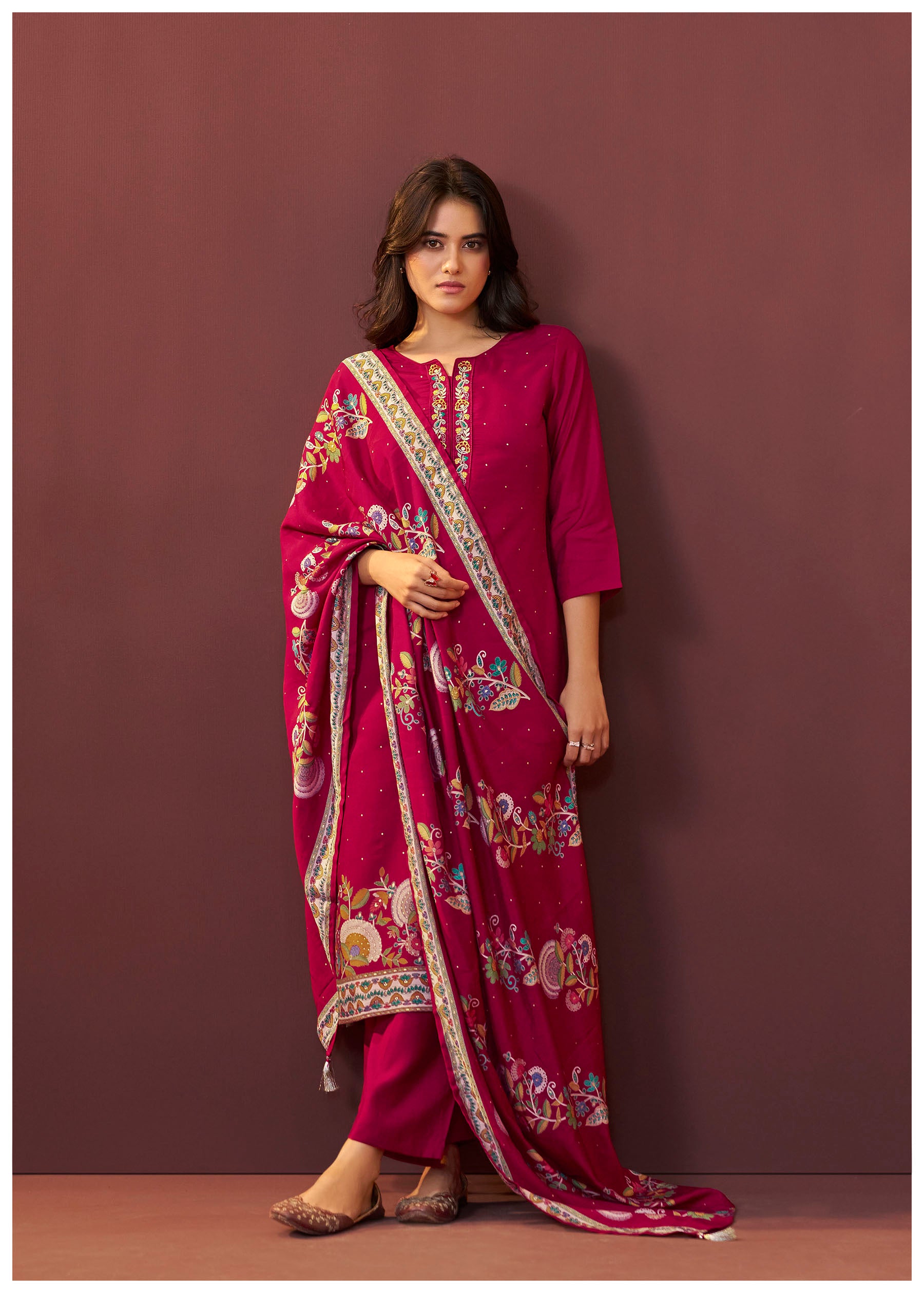 Gulnaar Maroon Embroidered Silk Kurta Set