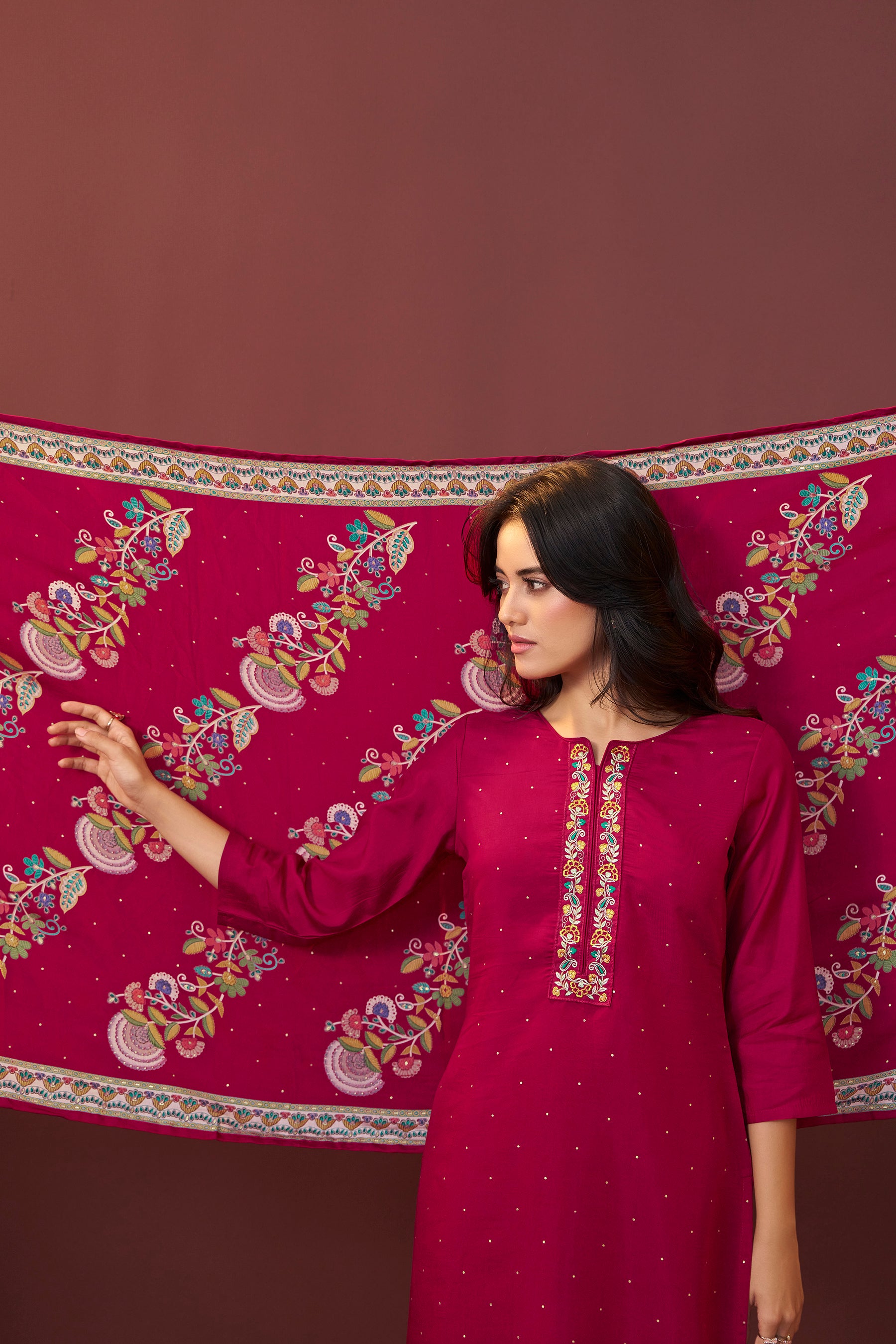 Gulnaar Maroon Embroidered Silk Kurta Set