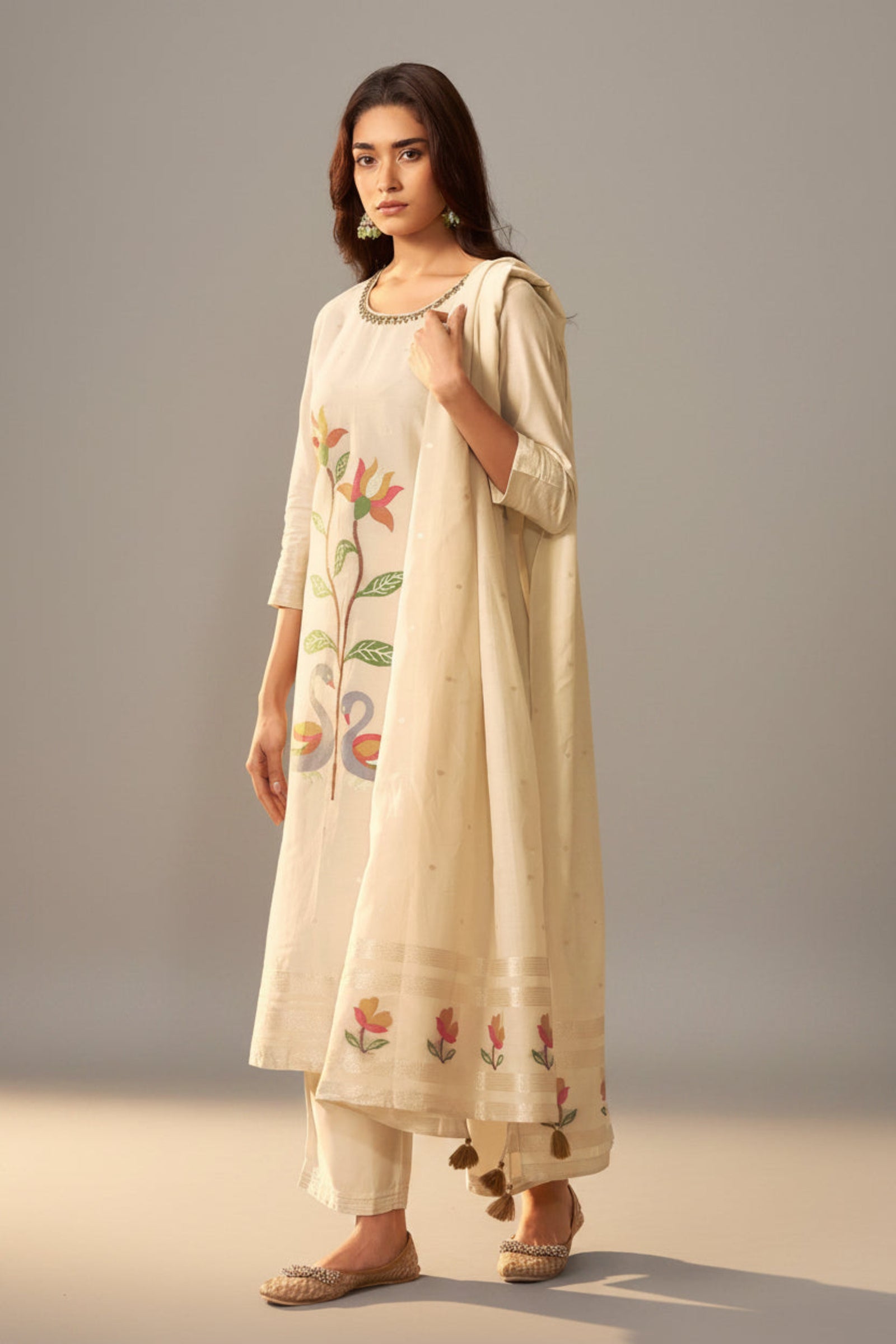 Cream Russian Silk Festive Kurta Set