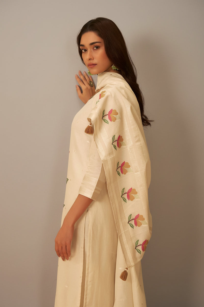 Cream Russian Silk Festive Kurta Set