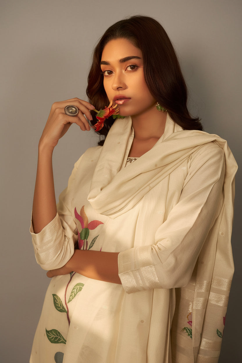 Cream Russian Silk Festive Kurta Set
