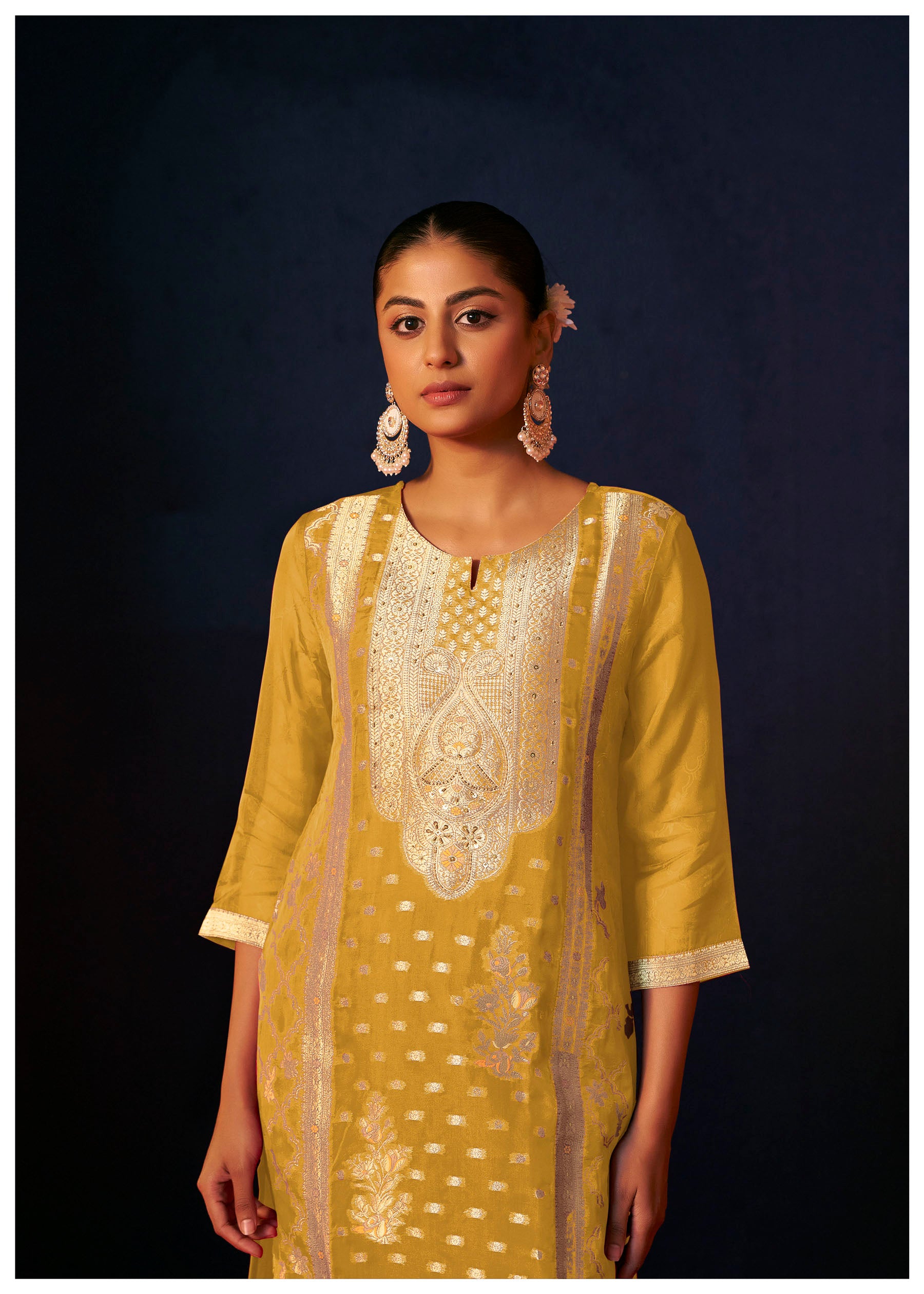 Saffrona Mustard Organza Jacquard Kurta Set