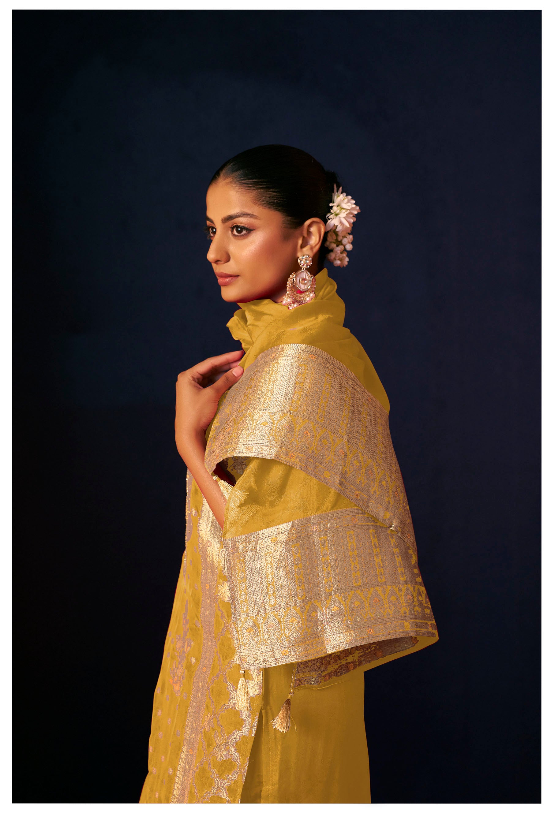 Saffrona Mustard Organza Jacquard Kurta Set
