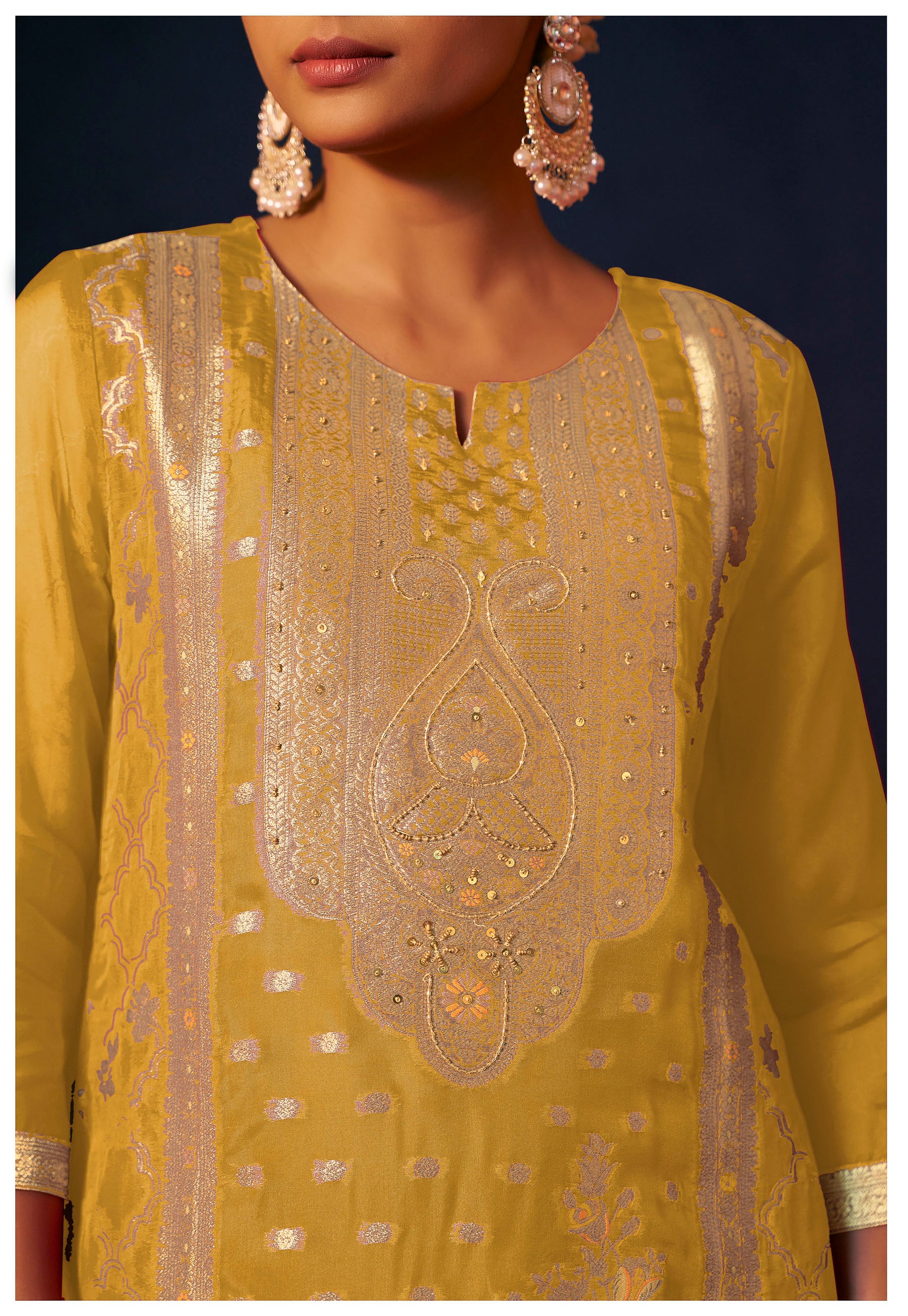 Saffrona Mustard Organza Jacquard Kurta Set