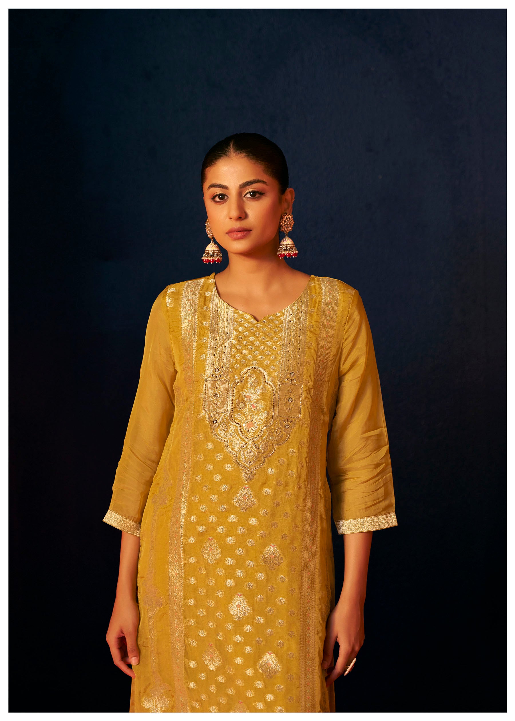 Solmira Mustard Organza Jacquard Kurta Set