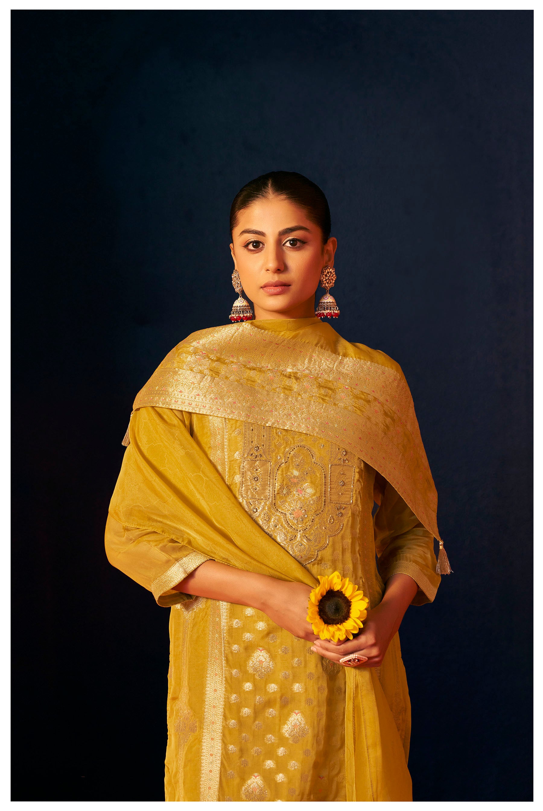 Solmira Mustard Organza Jacquard Kurta Set