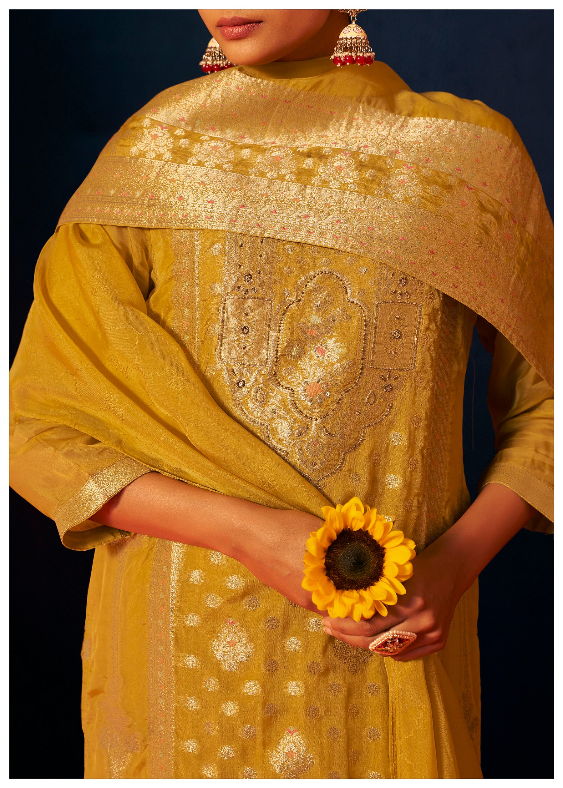 Solmira Mustard Organza Jacquard Kurta Set