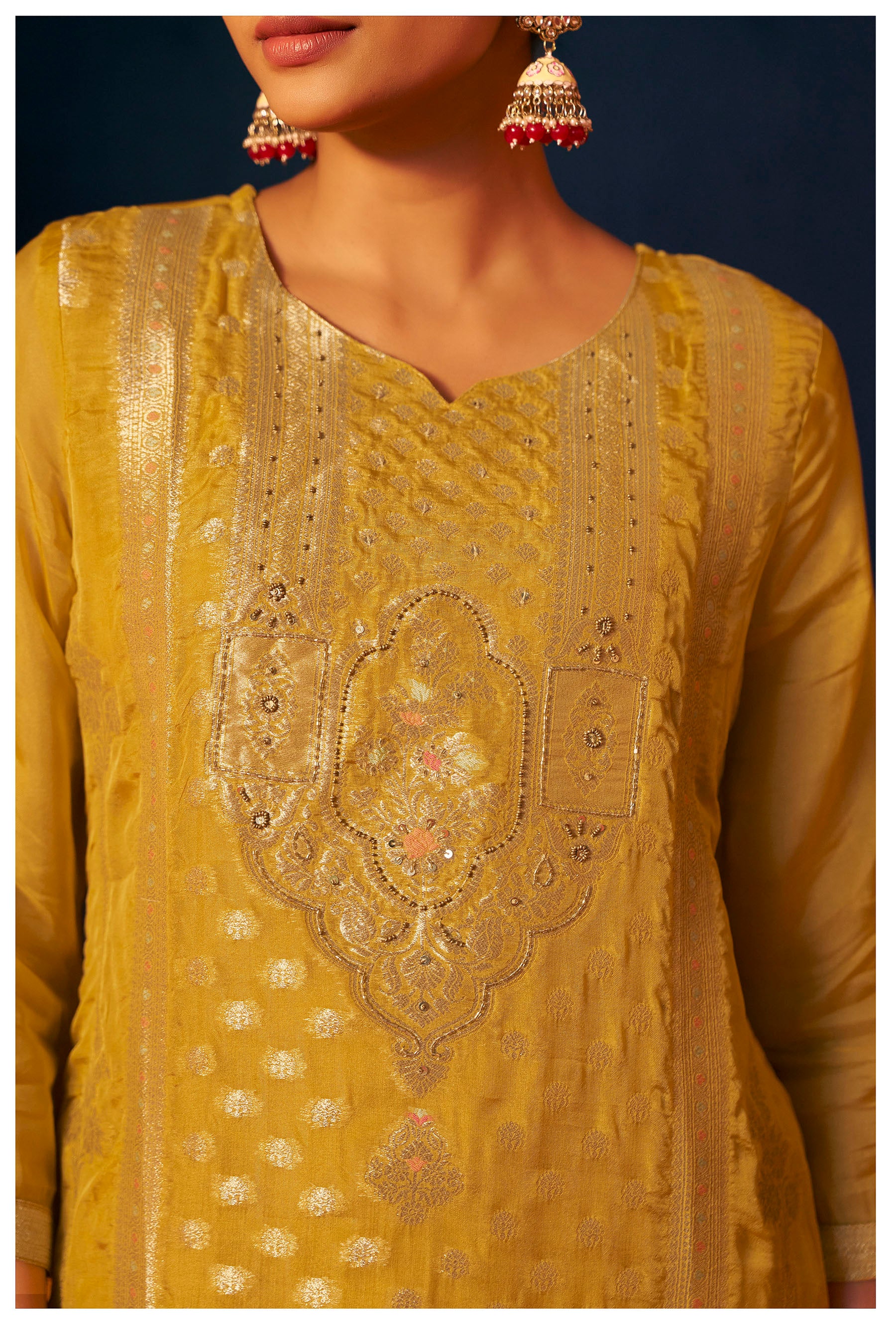 Solmira Mustard Organza Jacquard Kurta Set