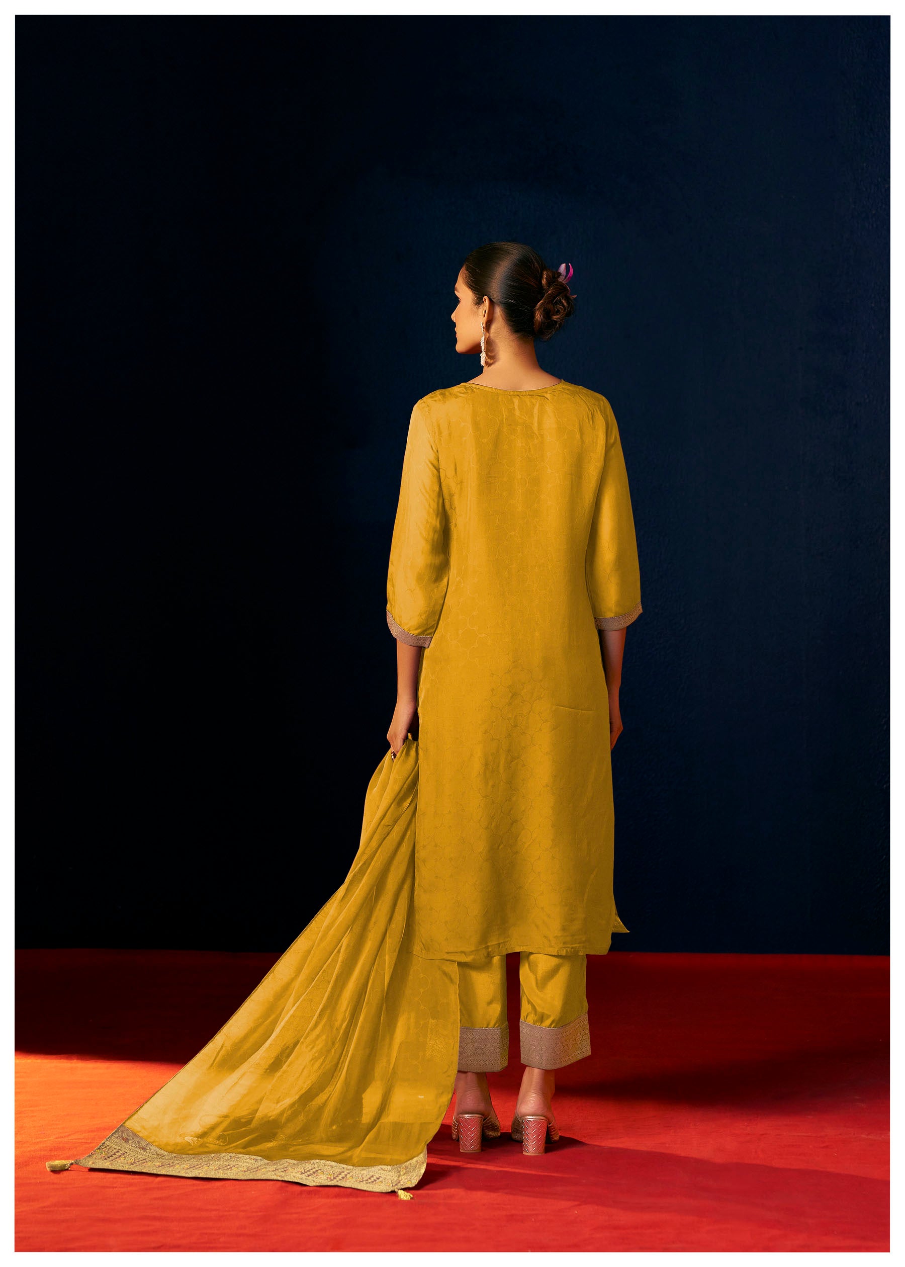 Oriah Mustard Organza Jacquard Kurta Set