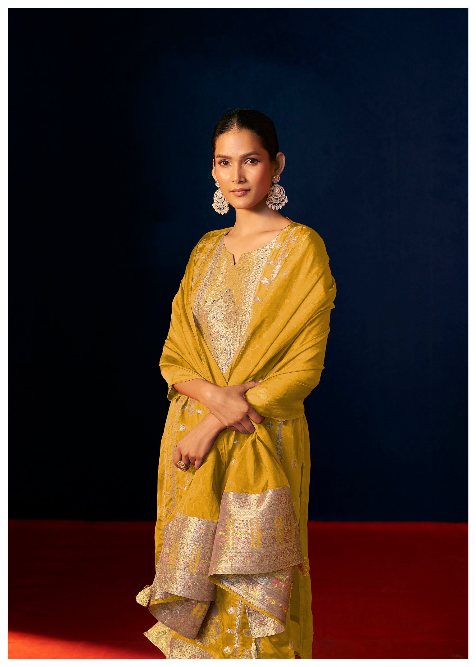 Oriah Mustard Organza Jacquard Kurta Set