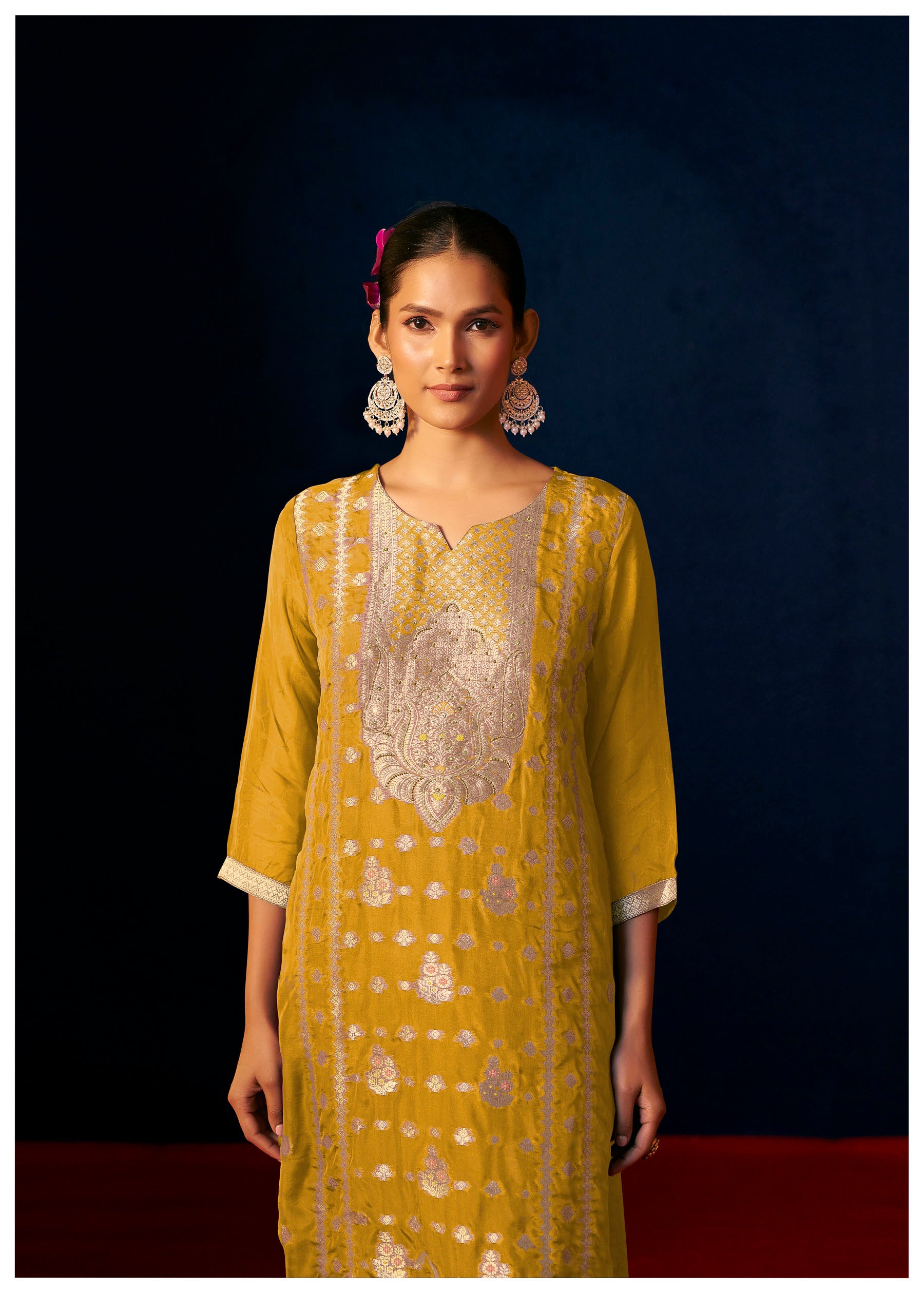 Oriah Mustard Organza Jacquard Kurta Set