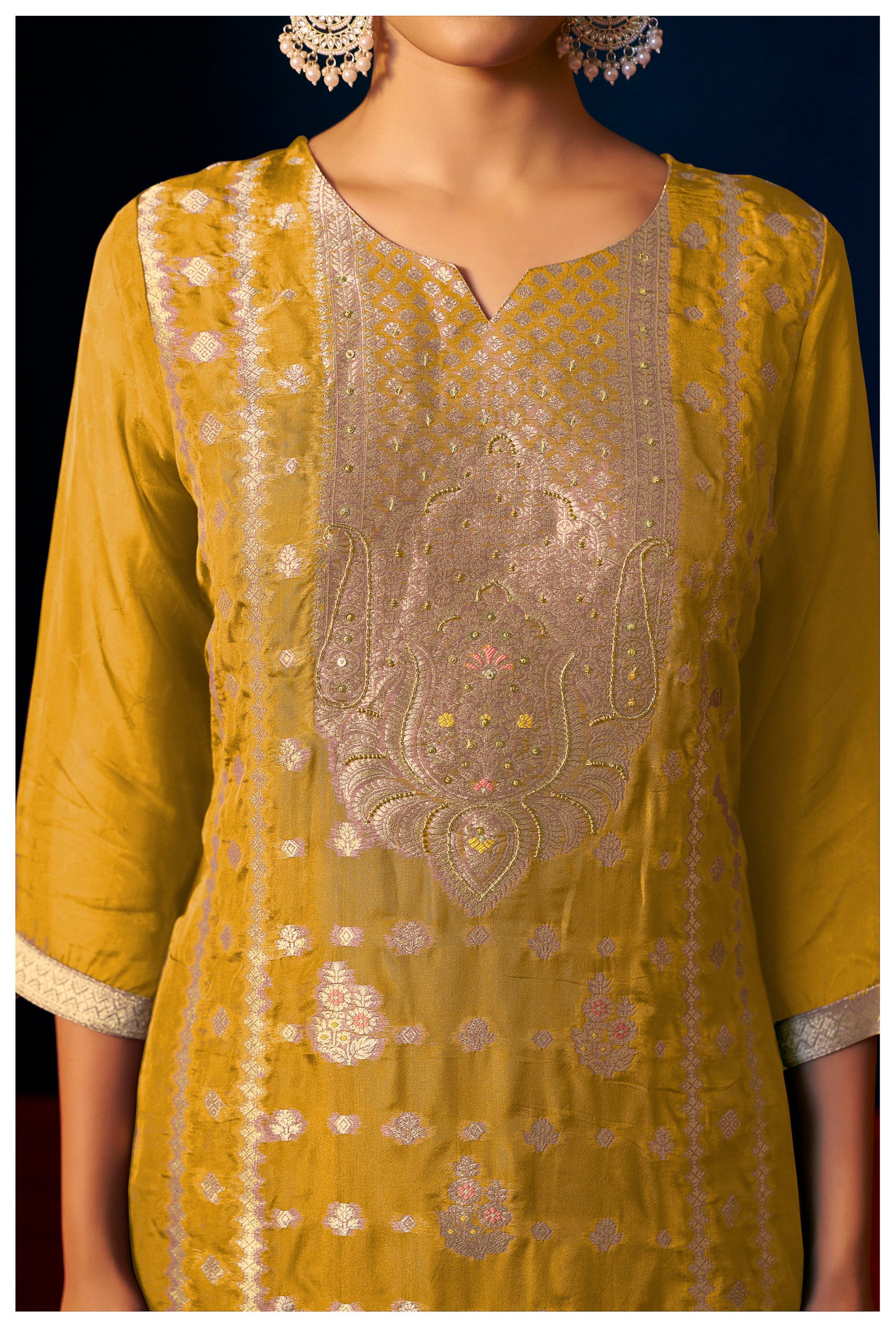 Oriah Mustard Organza Jacquard Kurta Set