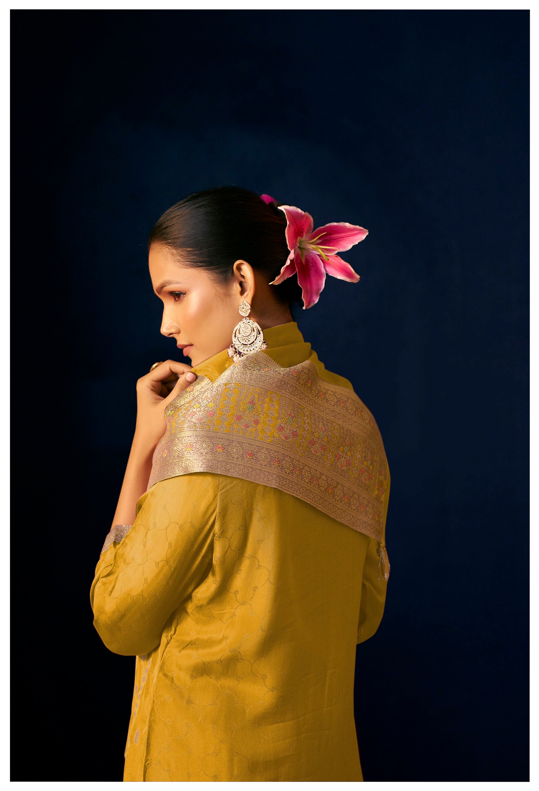 Oriah Mustard Organza Jacquard Kurta Set