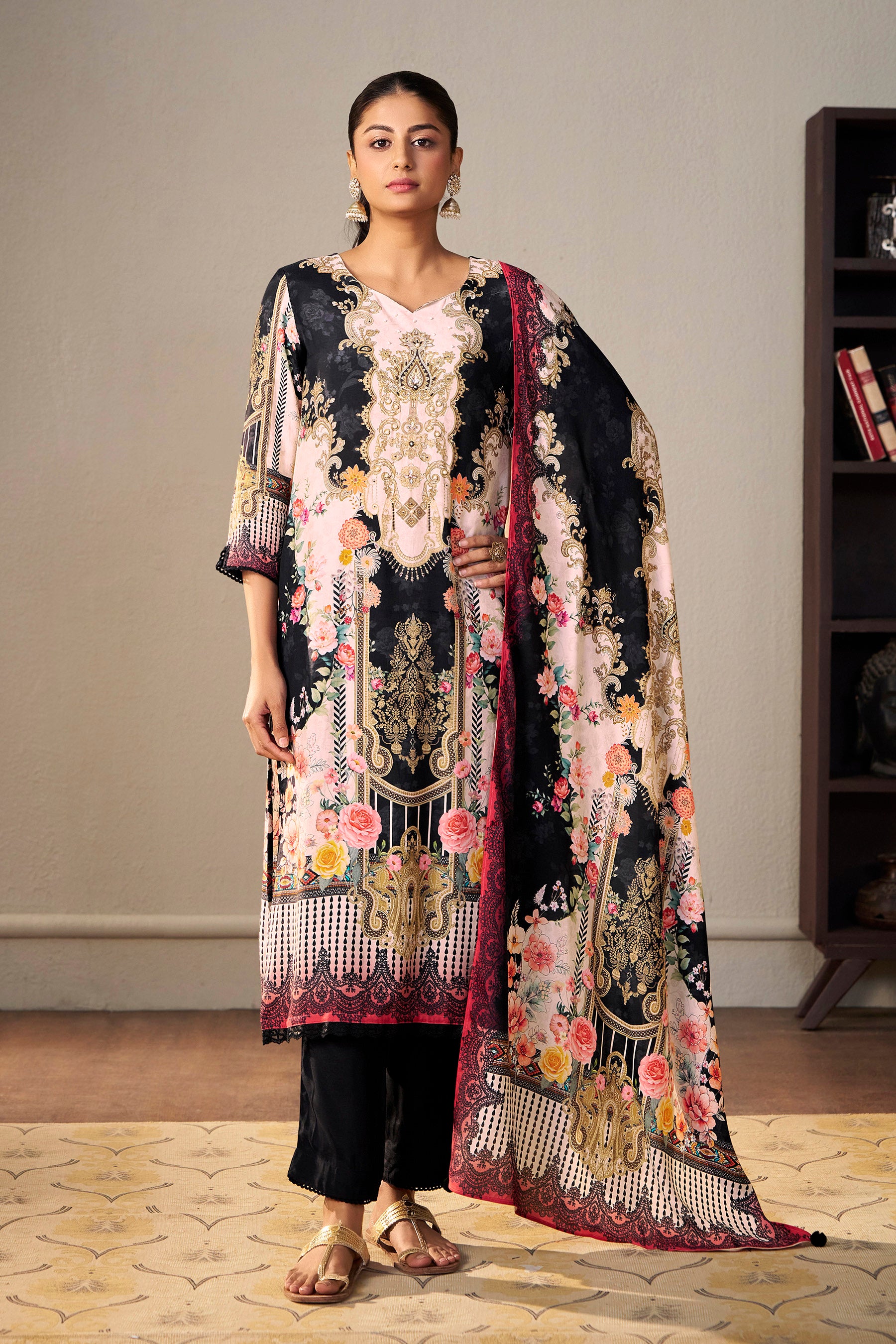 Heavy Muslin Digital Print Kurta, Viscose Bottom and Dupatta Set
