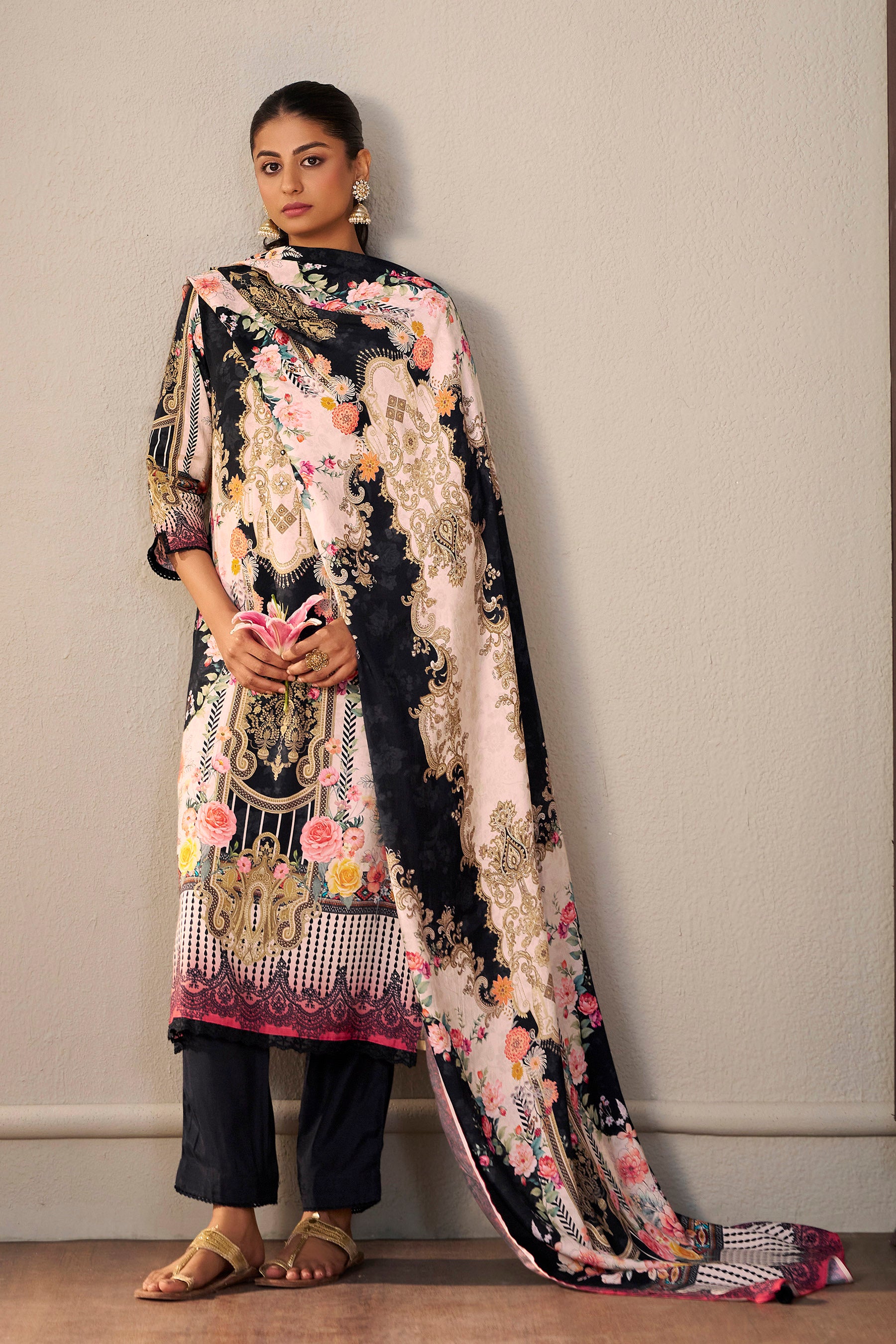 Heavy Muslin Digital Print Kurta, Viscose Bottom and Dupatta Set