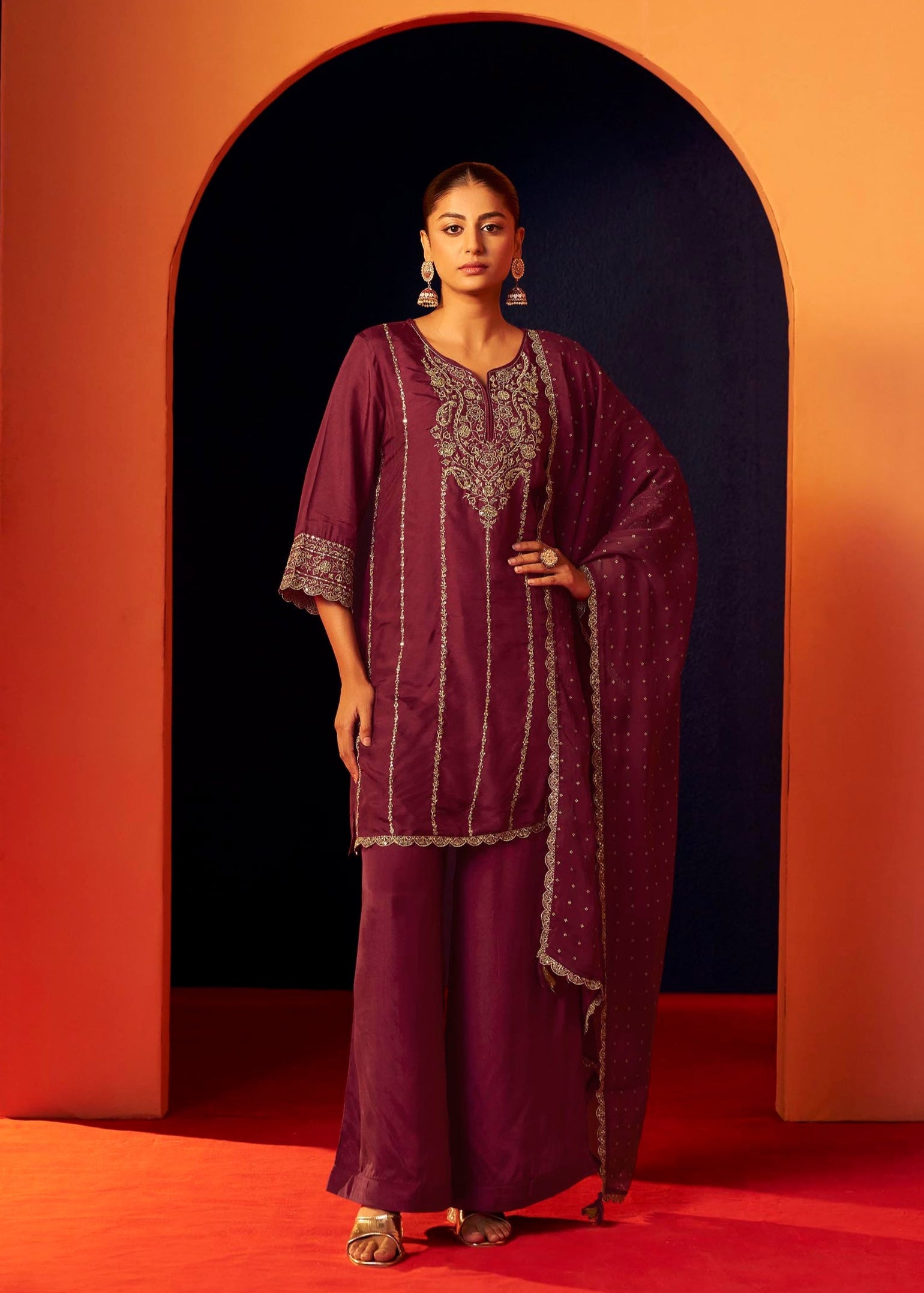 Neelofur Purple Russian Silk Kurta Set