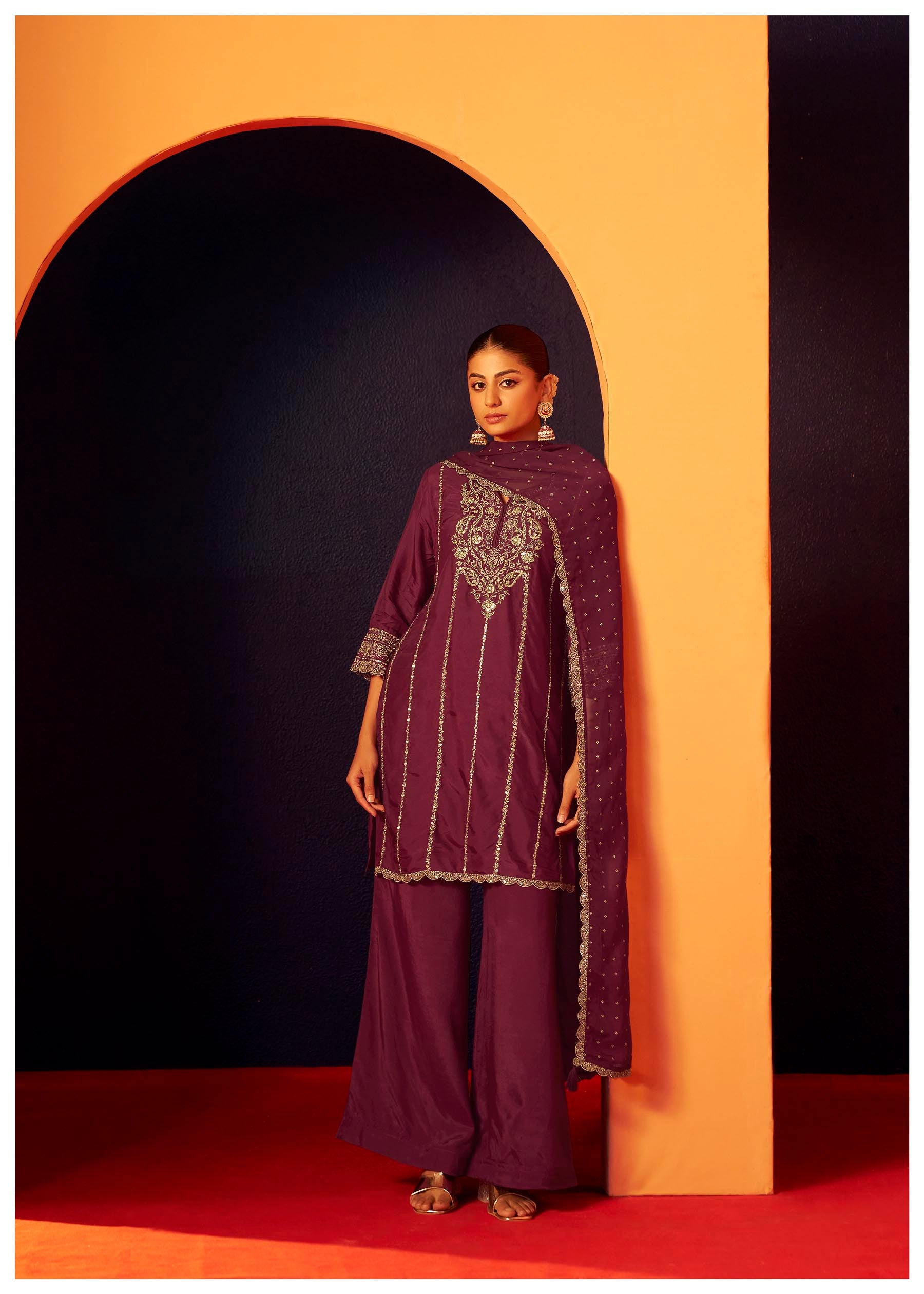 Neelofur Purple Russian Silk Kurta Set