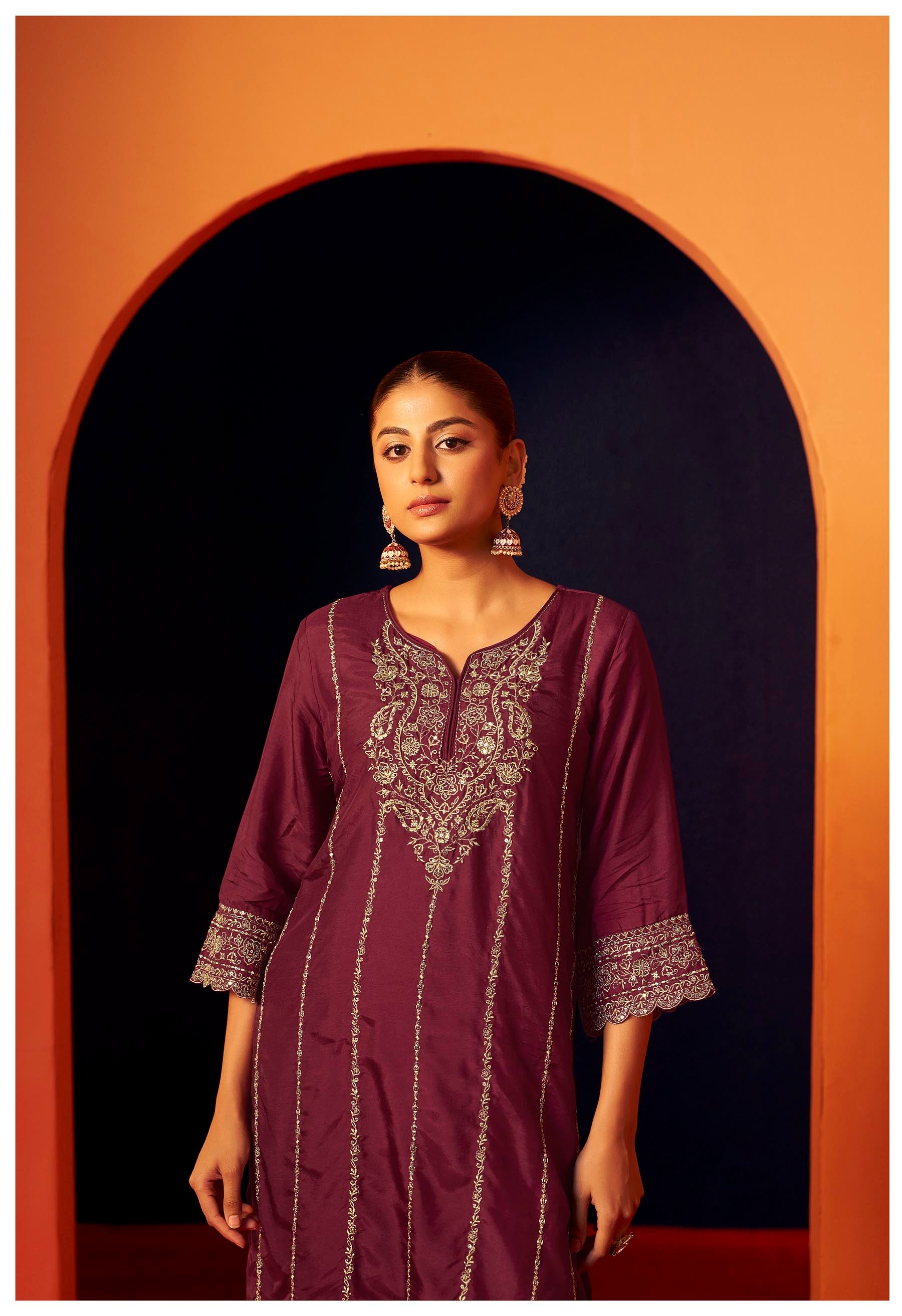 Neelofur Purple Russian Silk Kurta Set