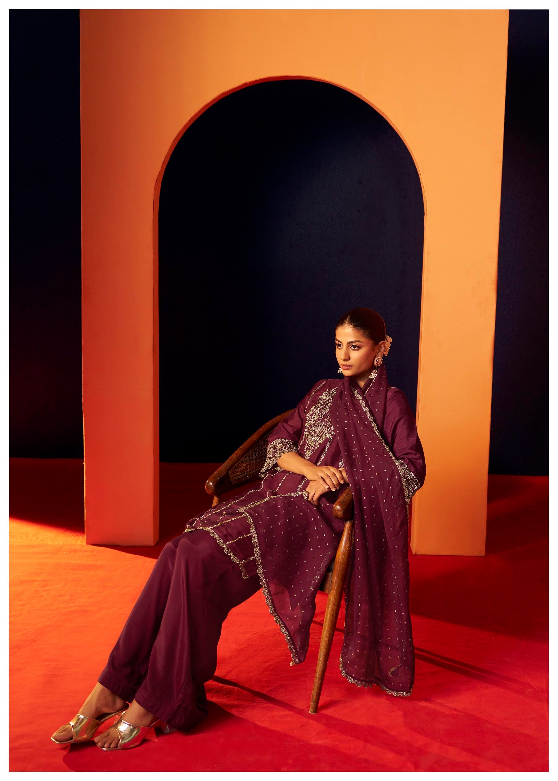 Neelofur Purple Russian Silk Kurta Set