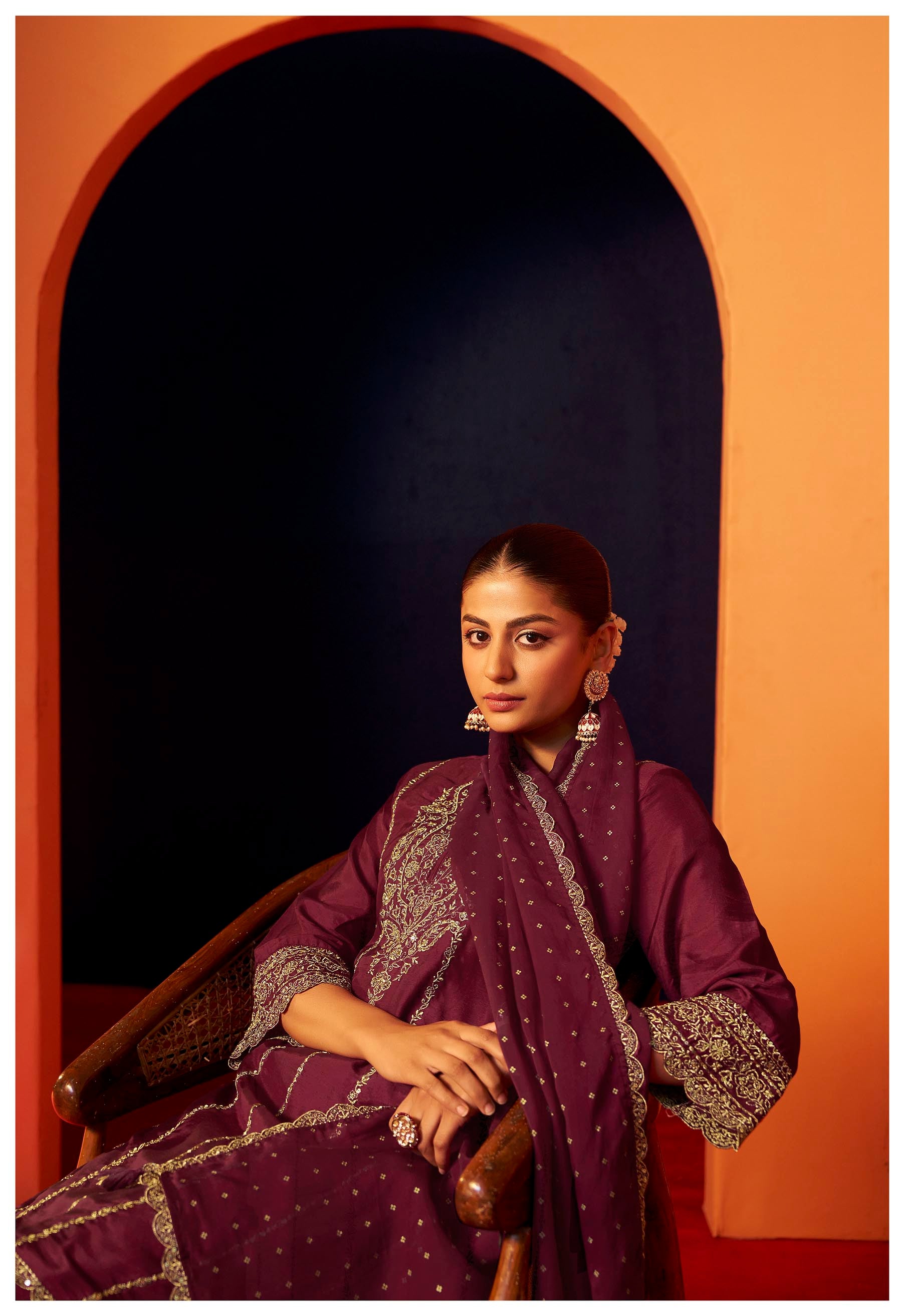 Neelofur Purple Russian Silk Kurta Set