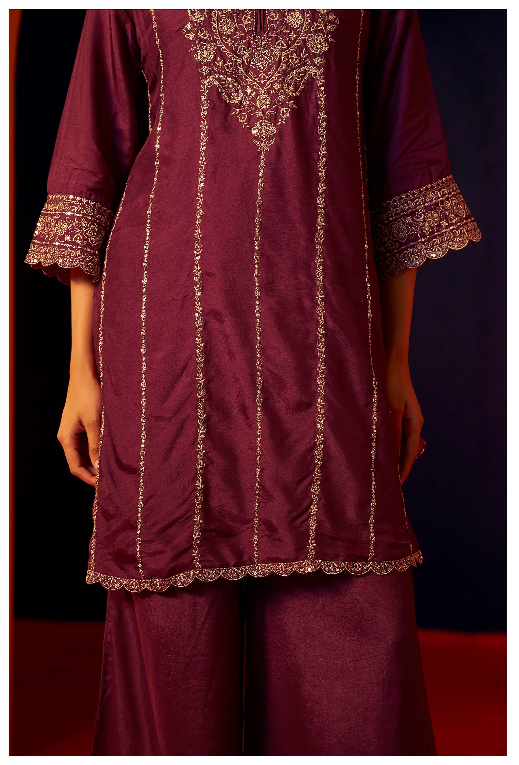 Neelofur Purple Russian Silk Kurta Set