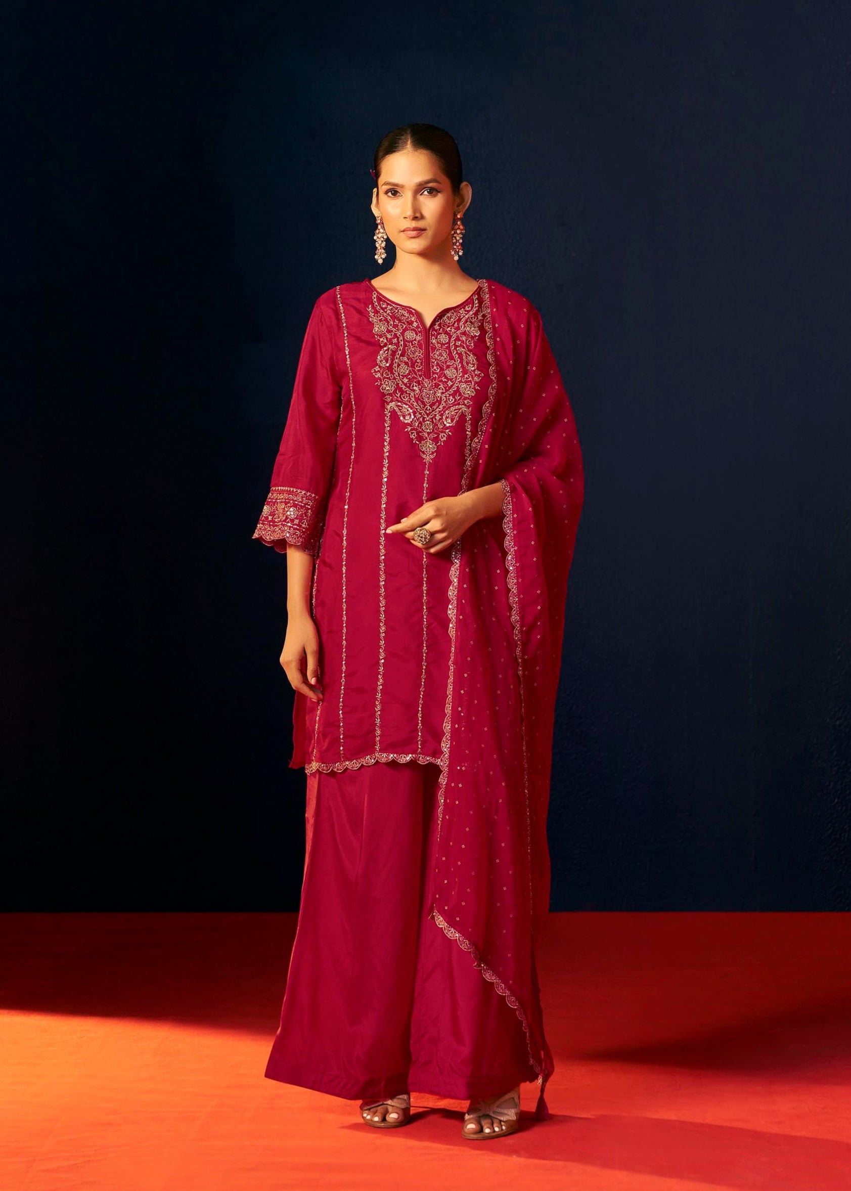 Gulnaar Red Embroidered Kurta Set
