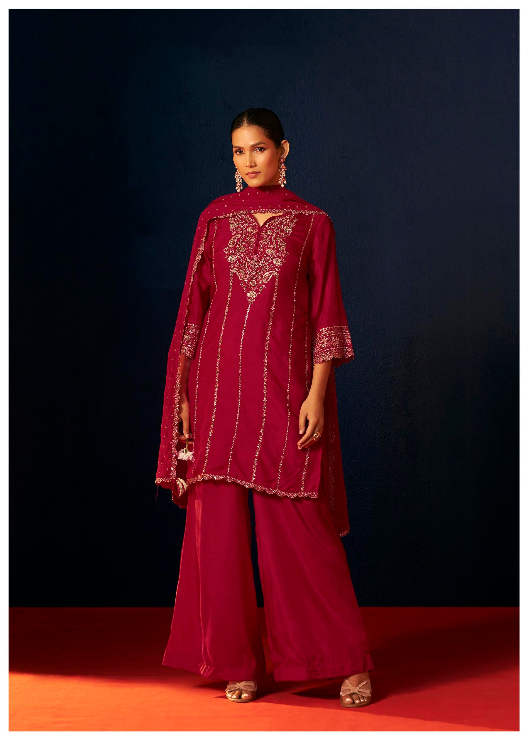 Gulnaar Red Embroidered Kurta Set