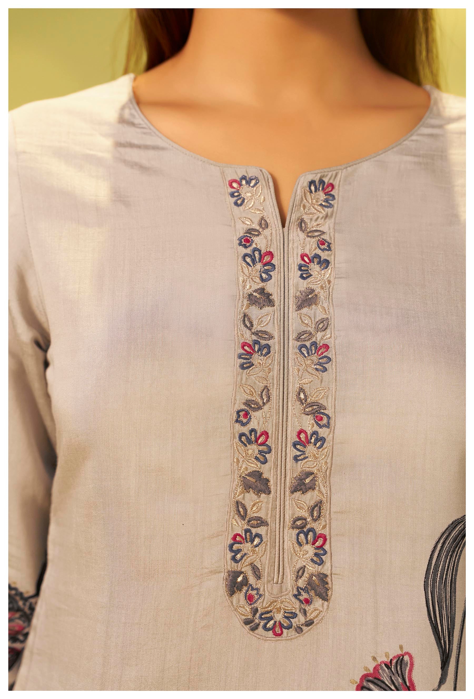 Kanira Grey Embroidered Silk Kurta Set