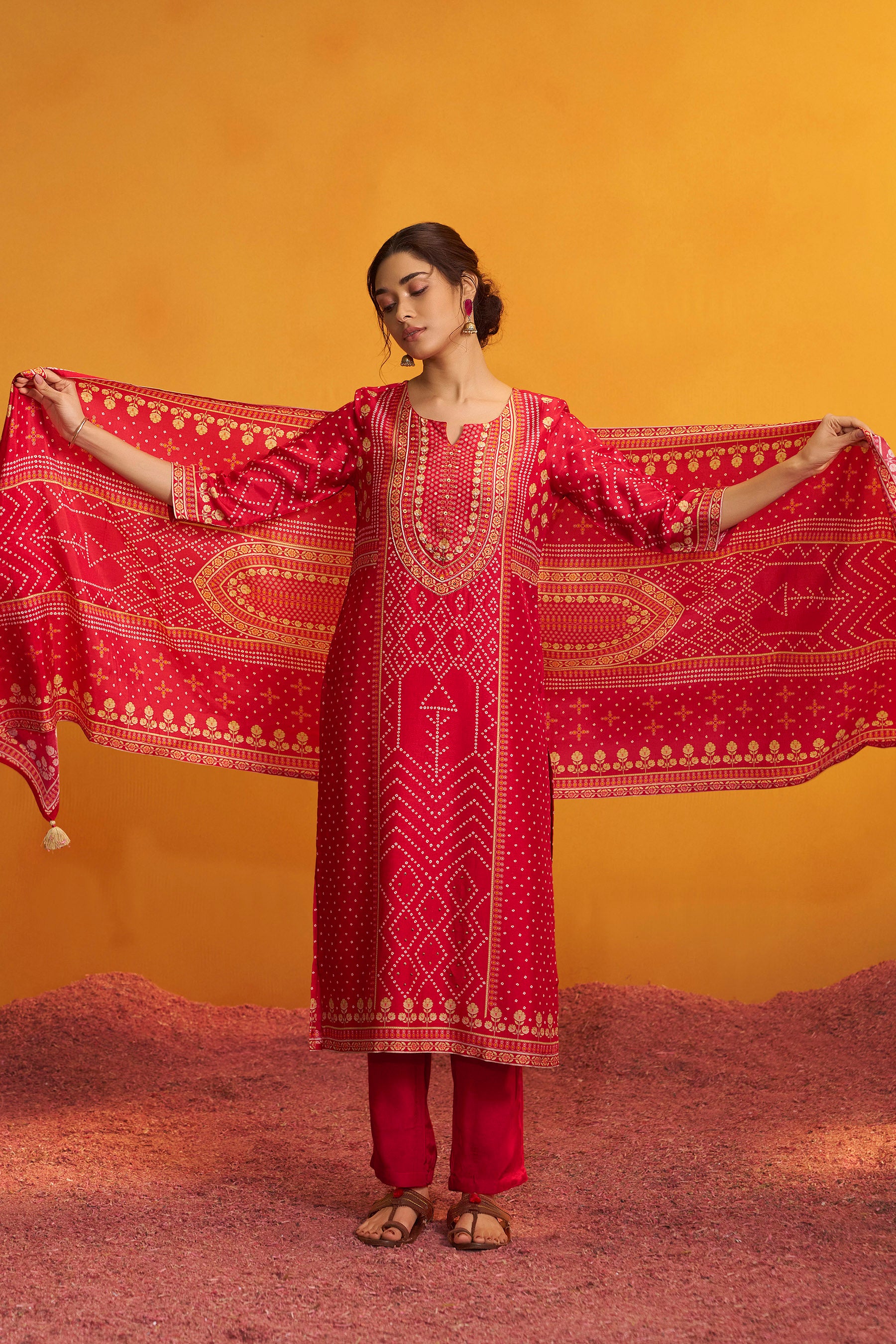 Bandhani Digital Print Kurta Set – Red