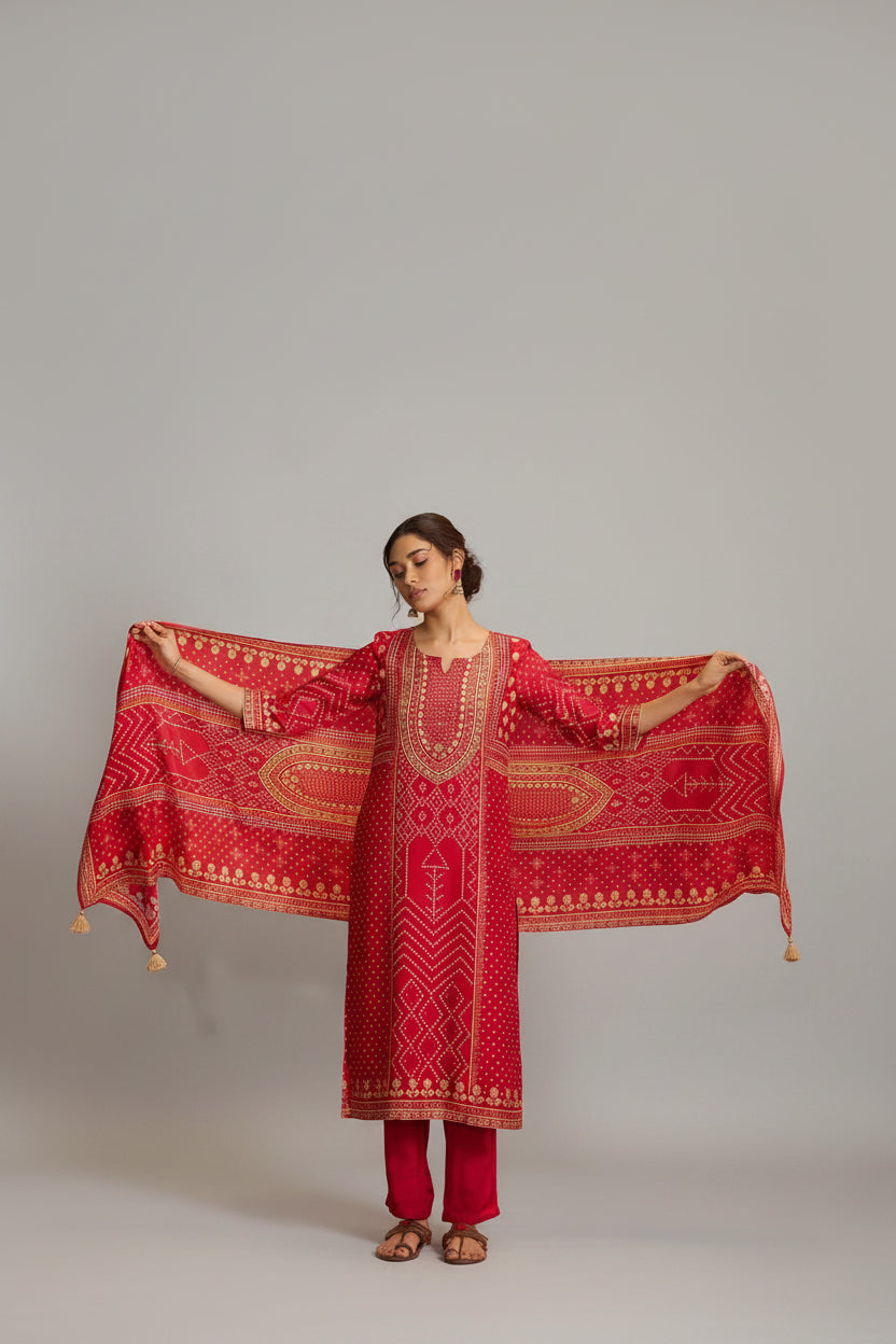 Bandhani Digital Print Kurta Set – Red