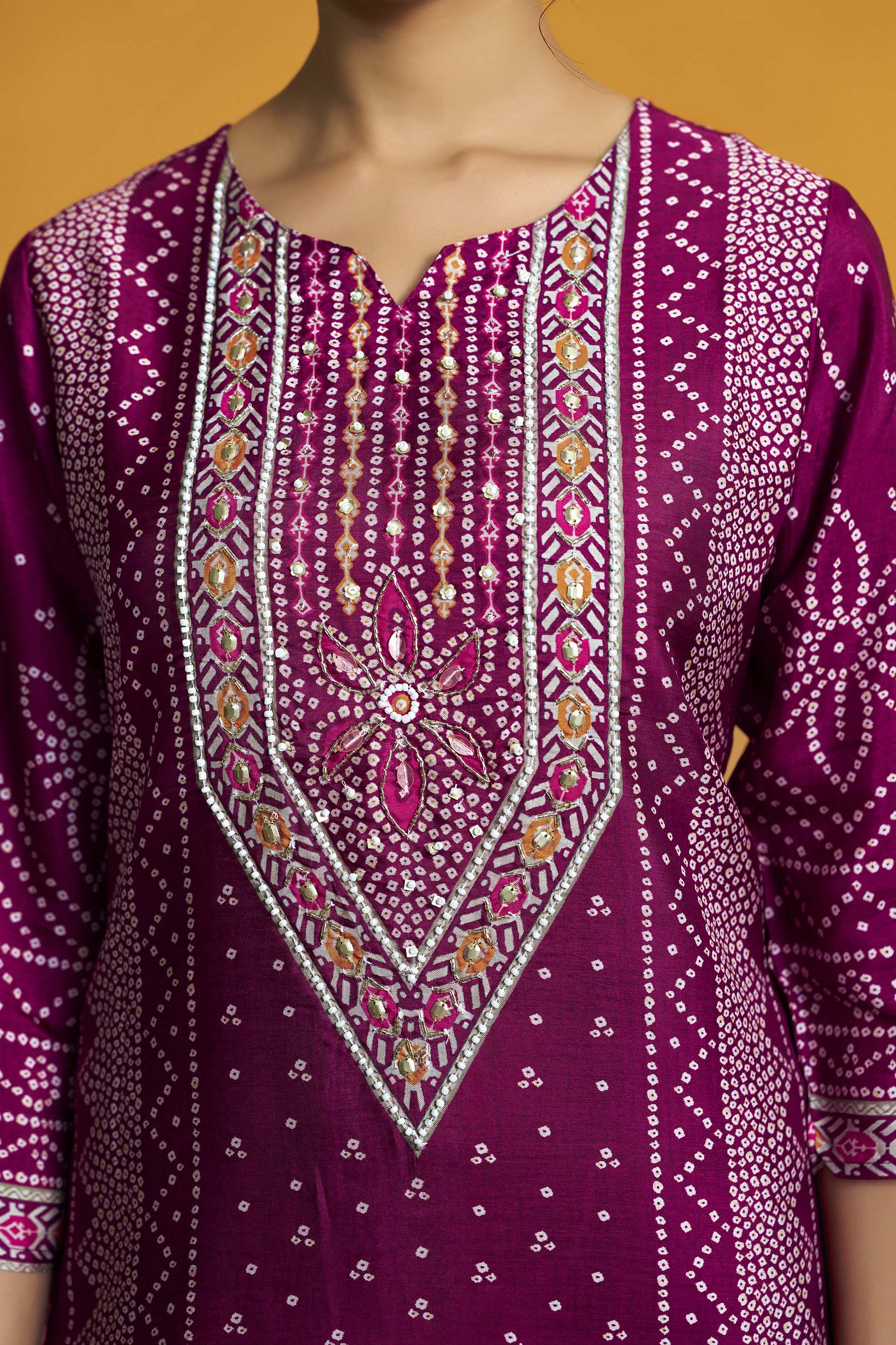 Bandhani Digital Print Kurta Set – Wine