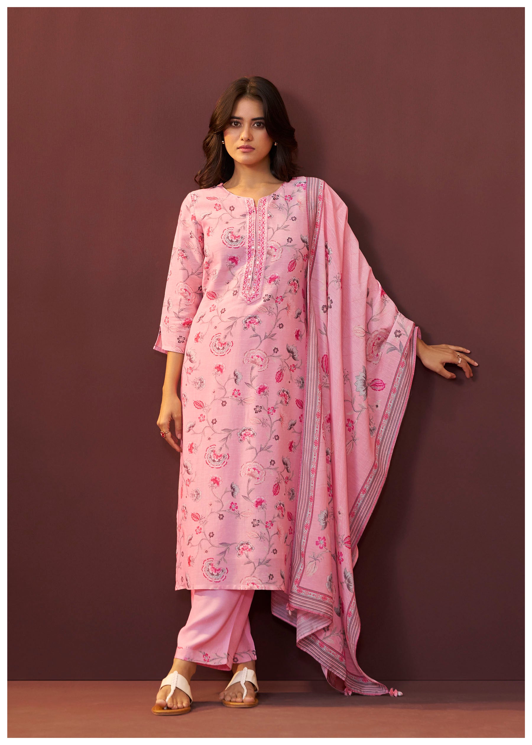 Florayne Pink Linen Embroidered Kurta Set