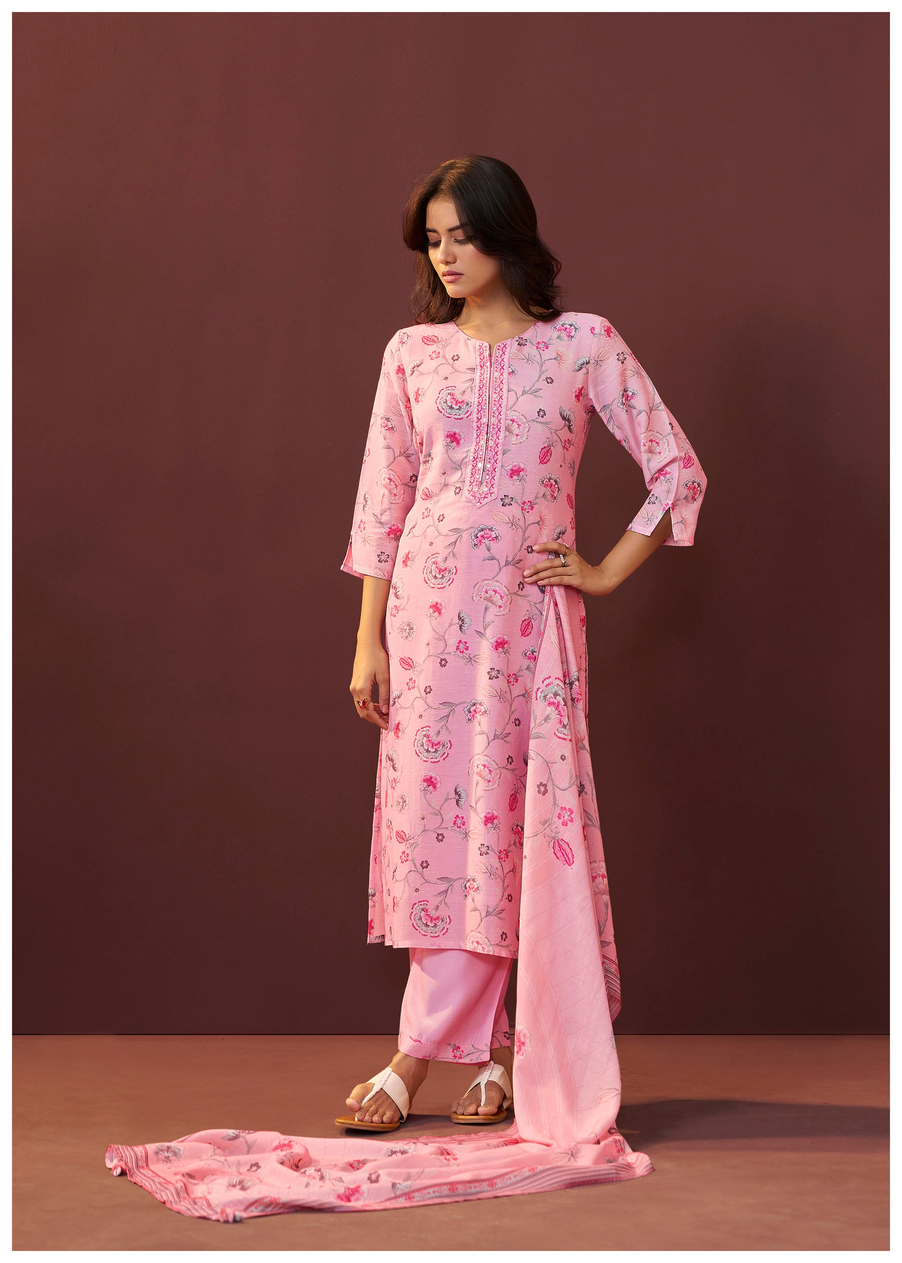 Florayne Pink Linen Embroidered Kurta Set