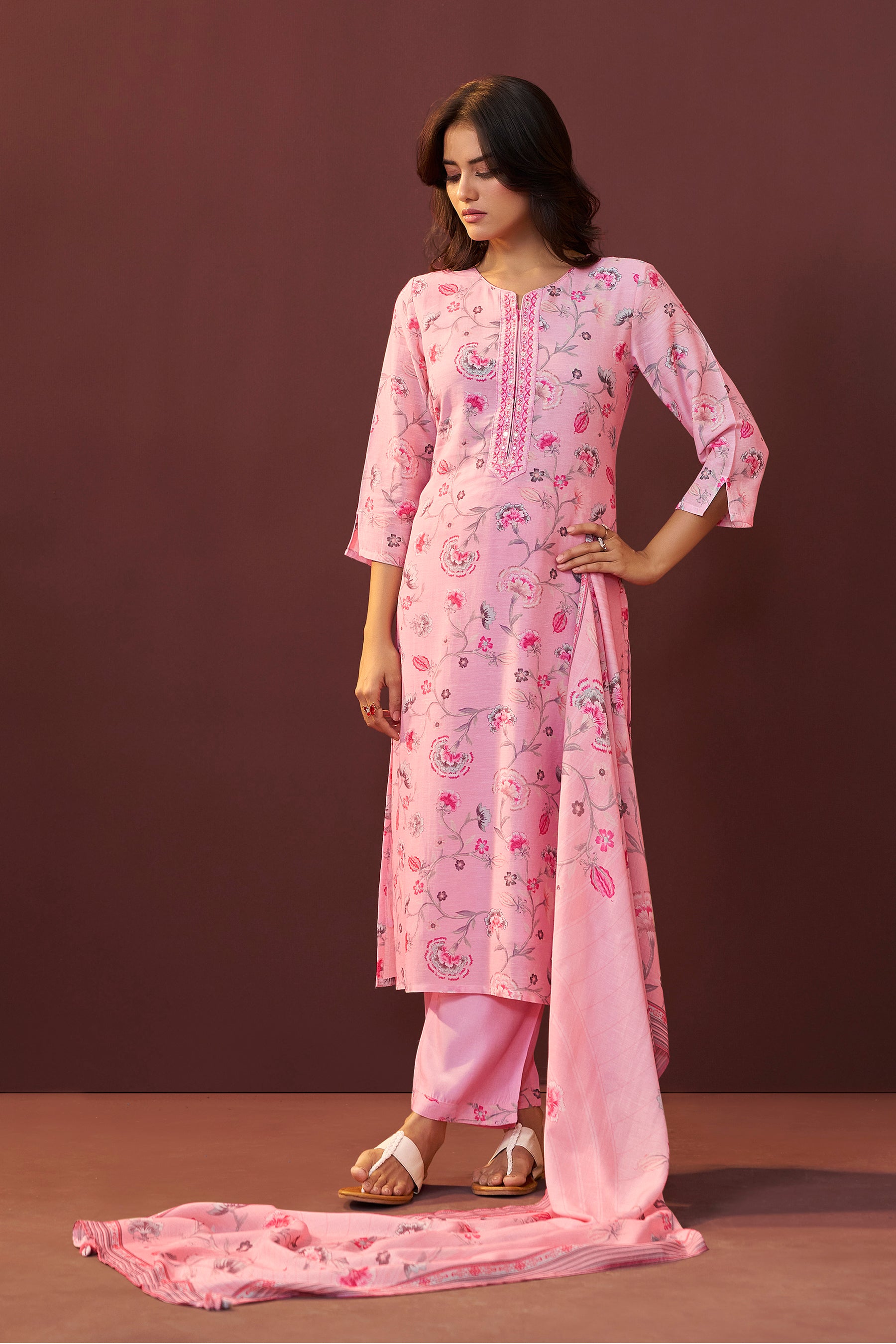Florayne Pink Linen Embroidered Kurta Set