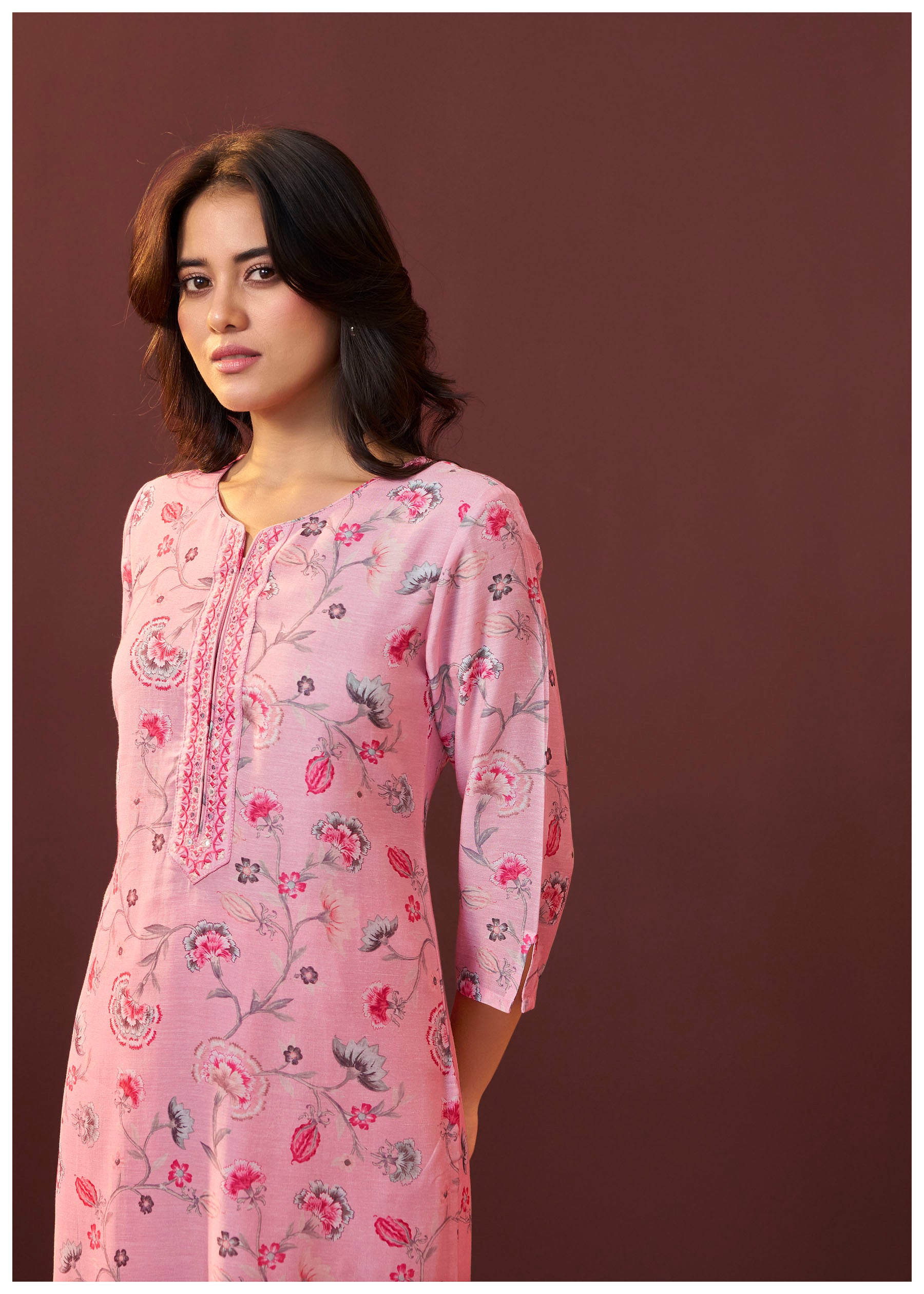 Florayne Pink Linen Embroidered Kurta Set
