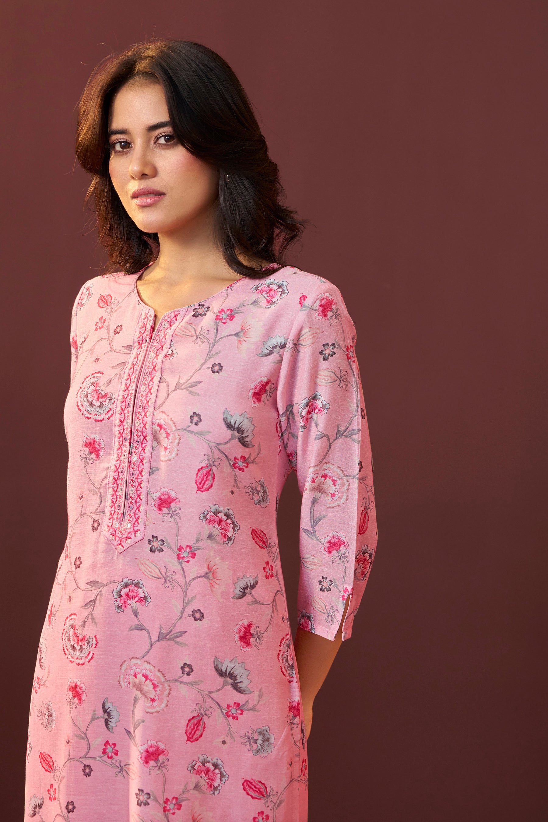 Florayne Pink Linen Embroidered Kurta Set